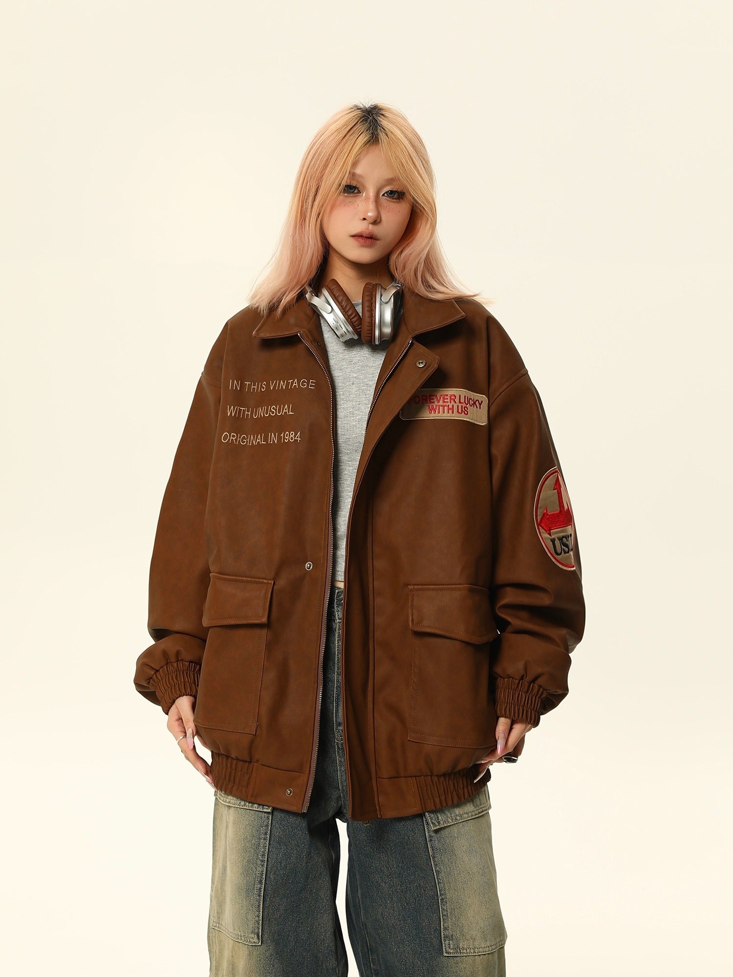 Vintage-Style Brown PU Leather Jacket