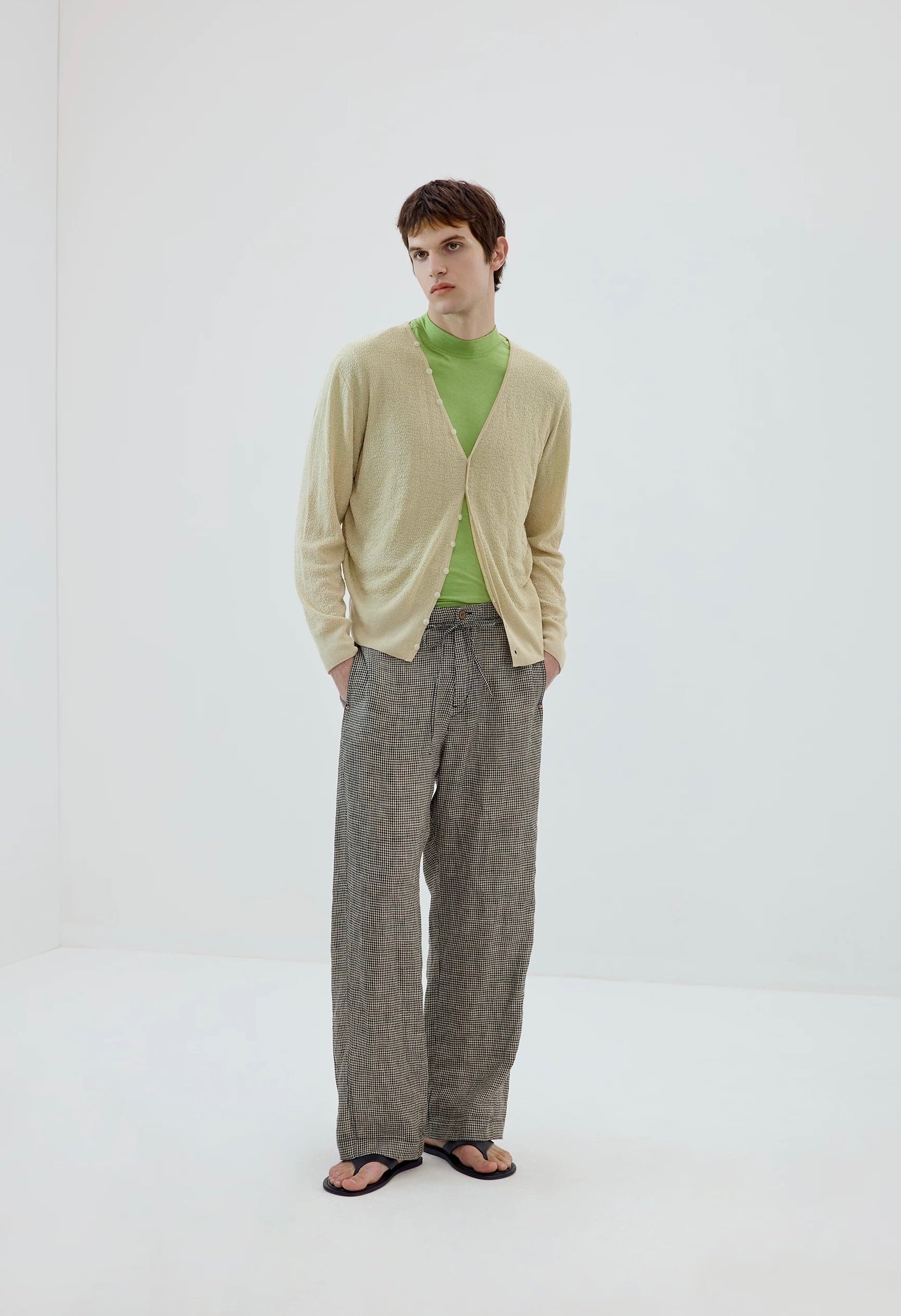 Plaid Linen Drawstring Trousers