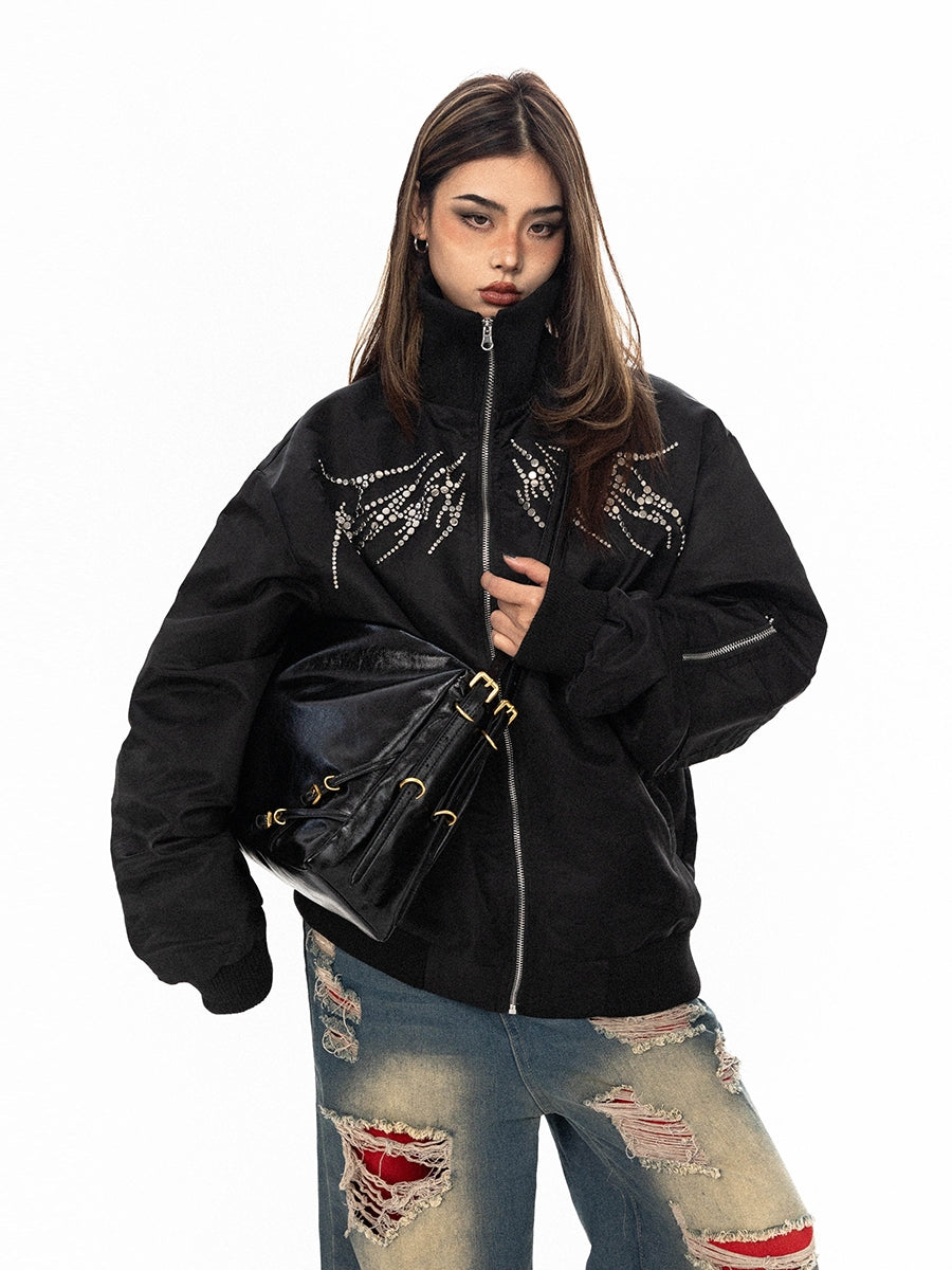 Black Crystal Embellished Bomber Jacket