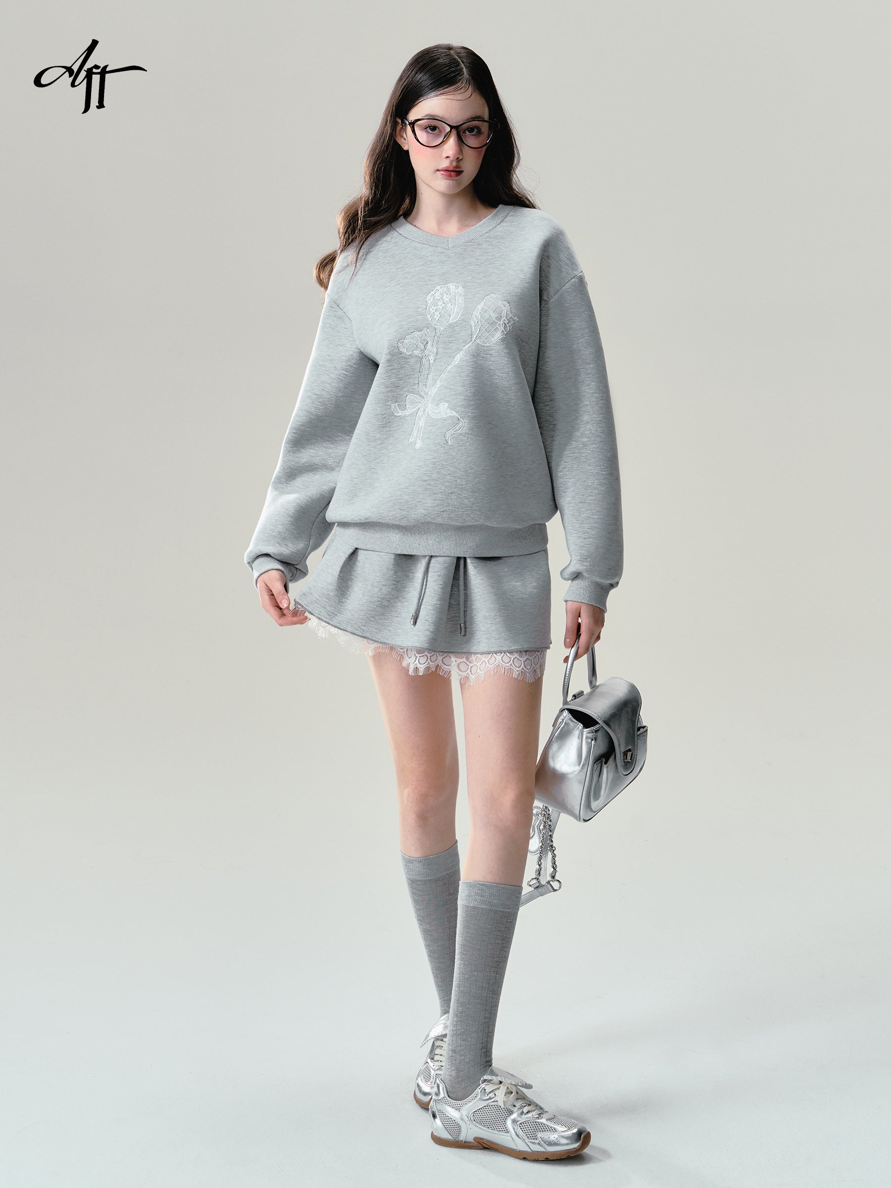 Floral Print Grey Lace Trim Sweatshirt Set-Up