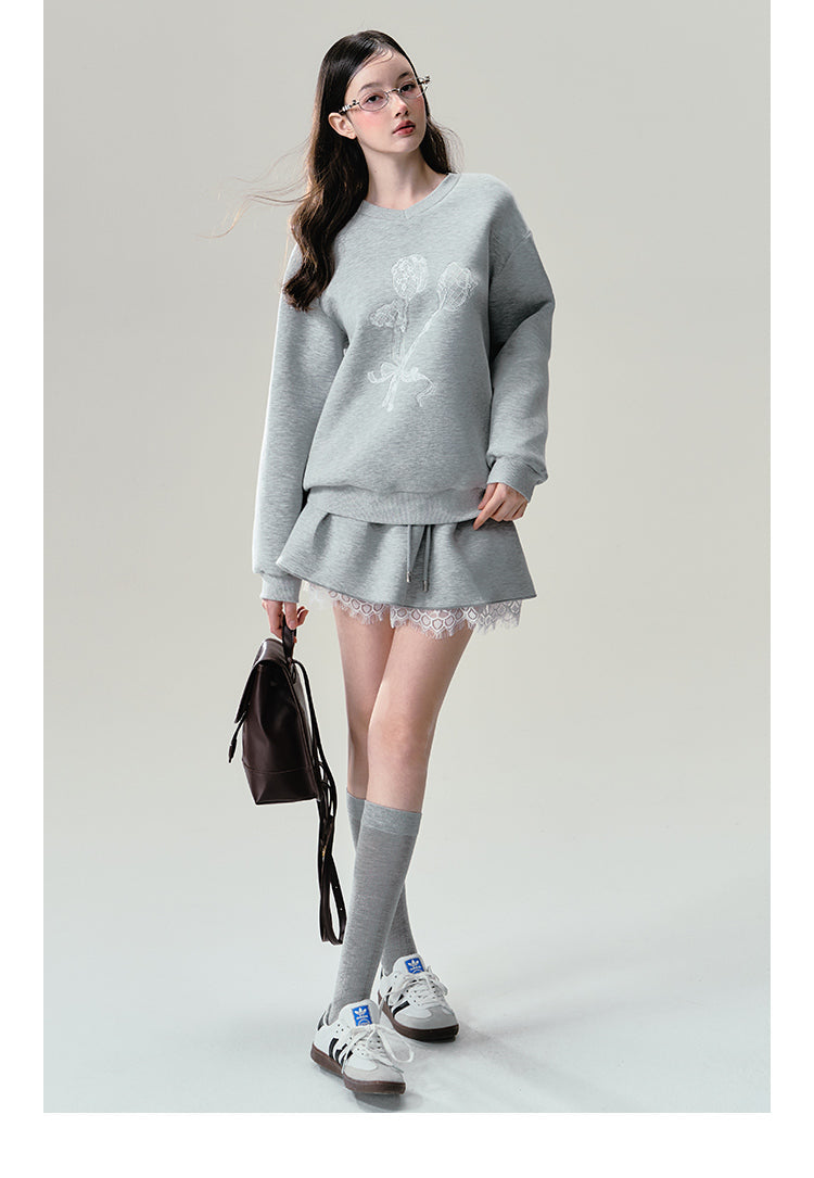 Floral Print Grey Lace Trim Sweatshirt Set-Up