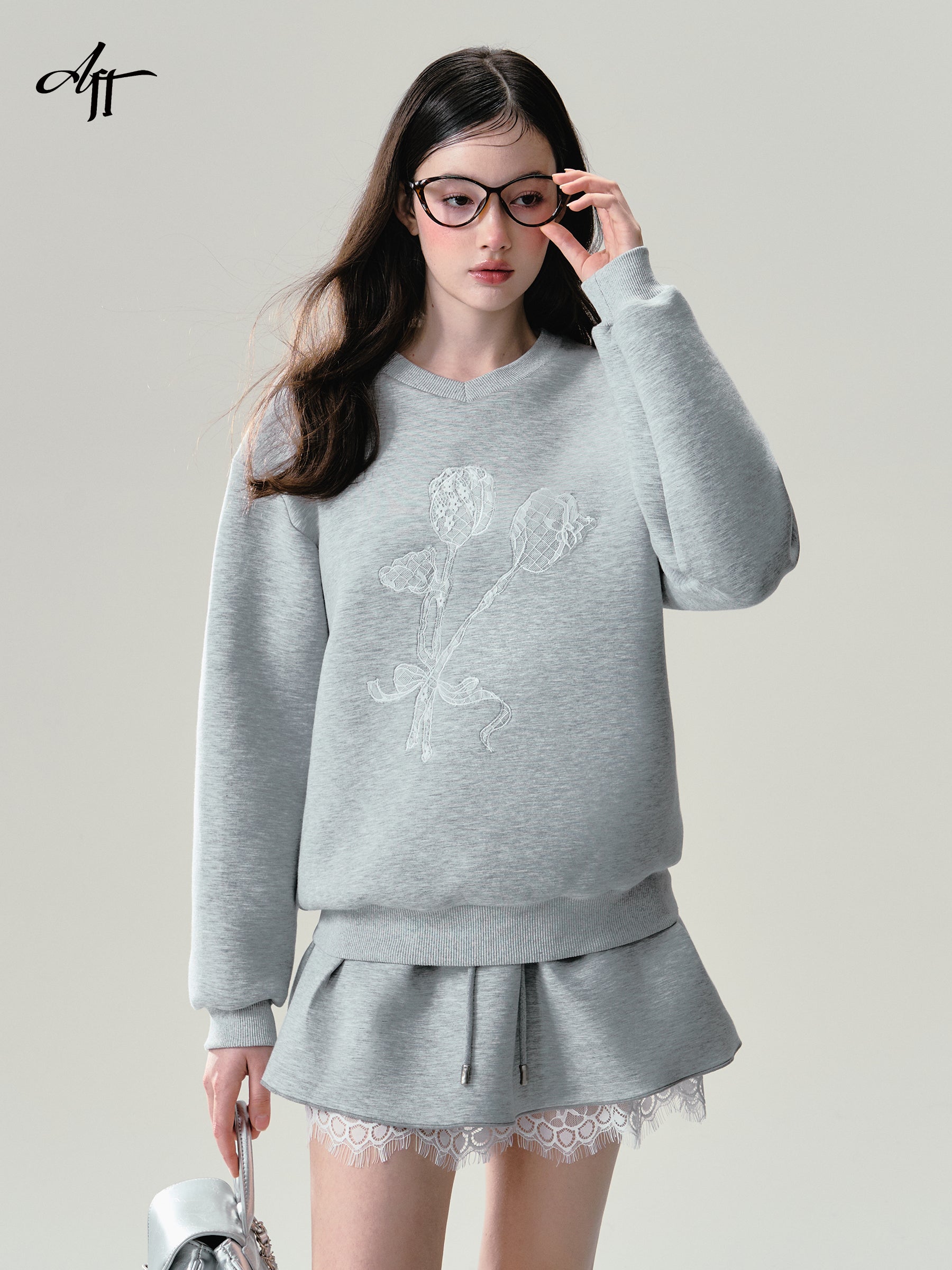 Floral Print Grey Lace Trim Sweatshirt Set-Up