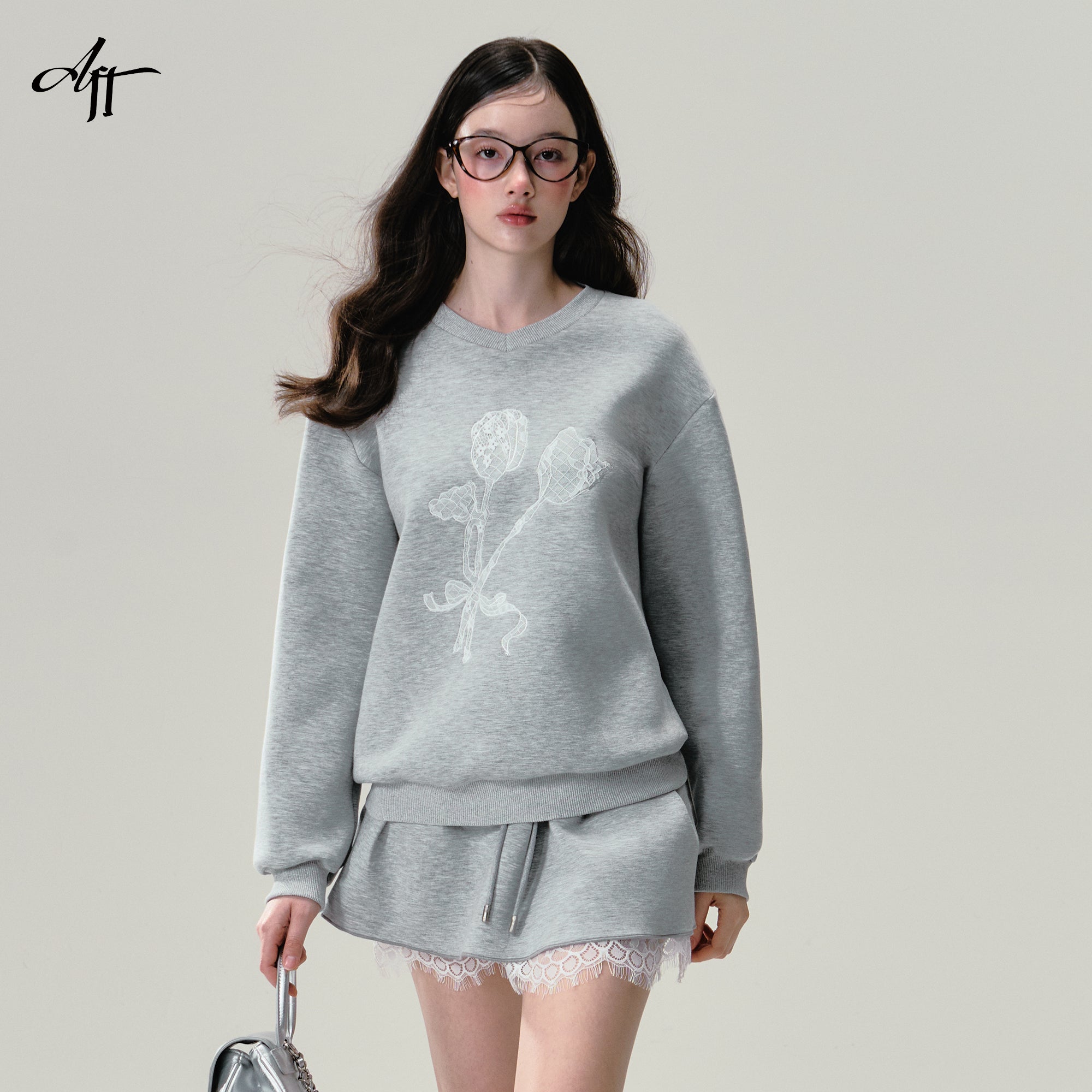 Floral Print Grey Lace Trim Sweatshirt Set-Up