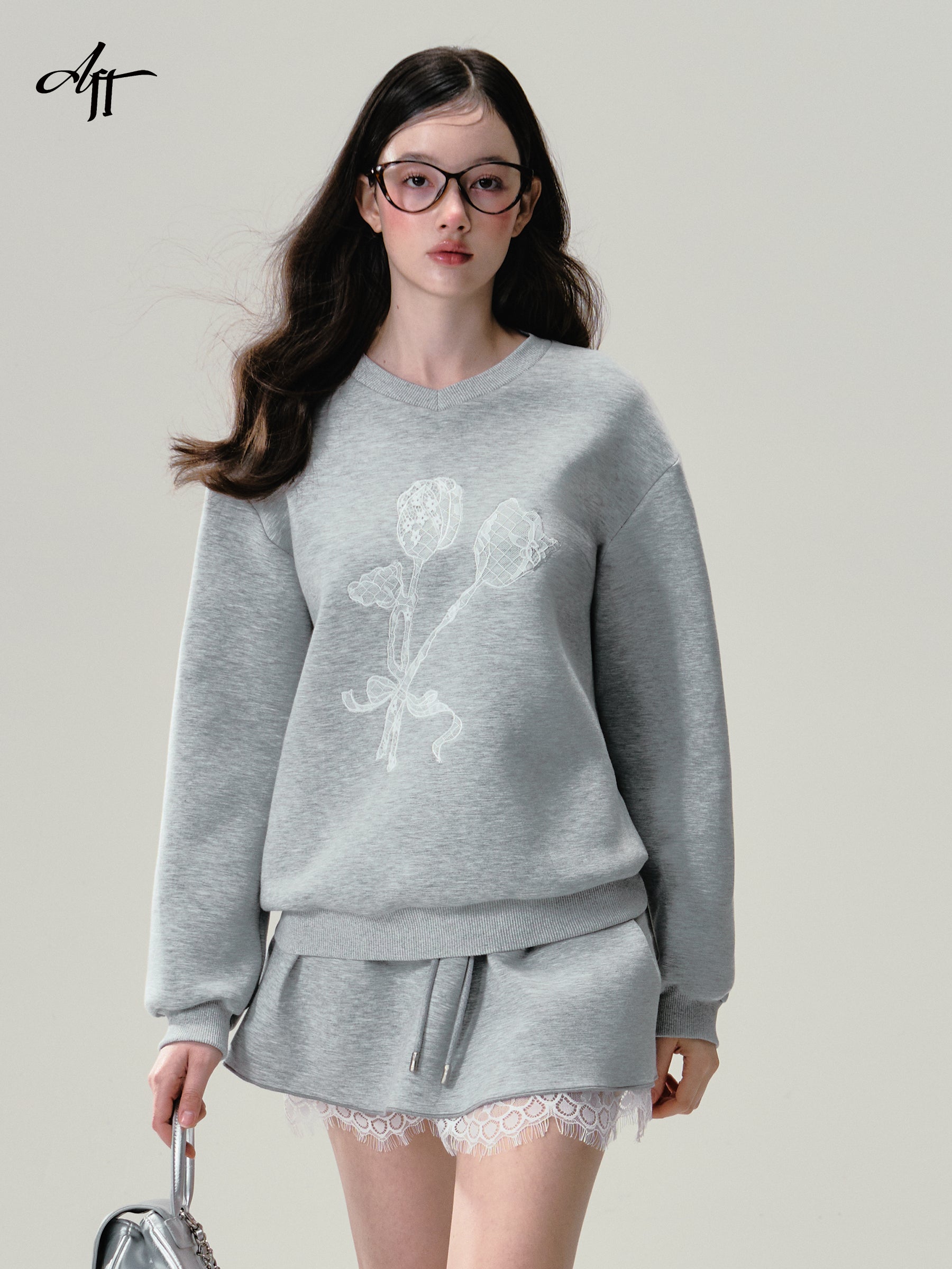 Floral Print Grey Lace Trim Sweatshirt Set-Up