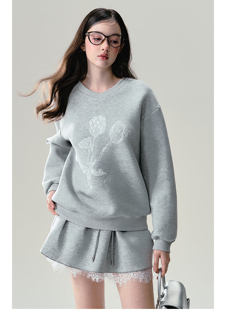 Floral Print Grey Lace Trim Sweatshirt Set-Up