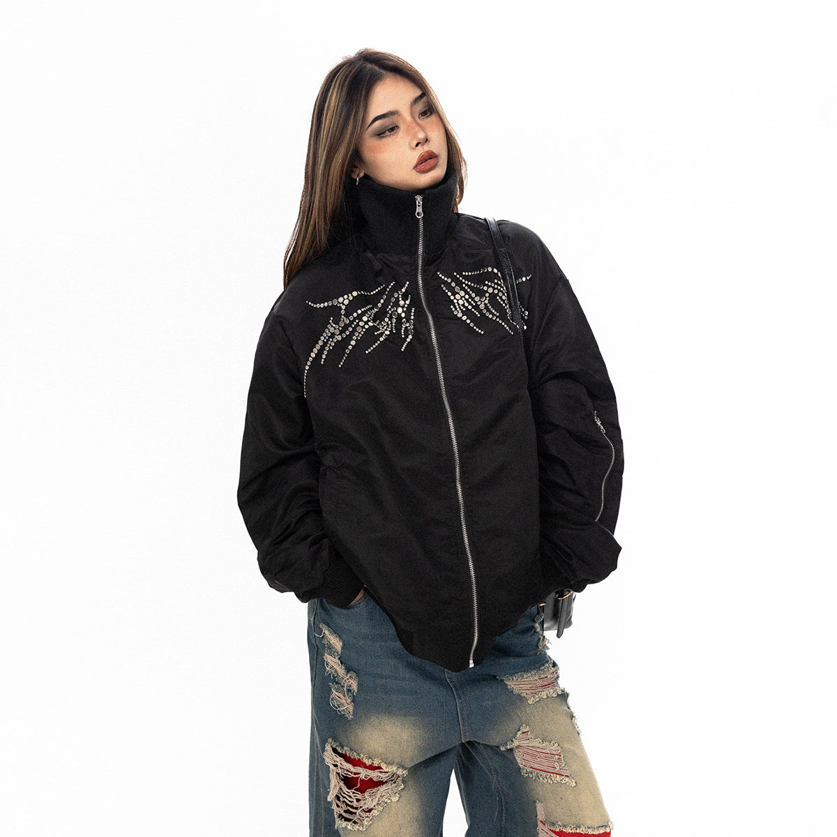 Black Crystal Embellished Bomber Jacket