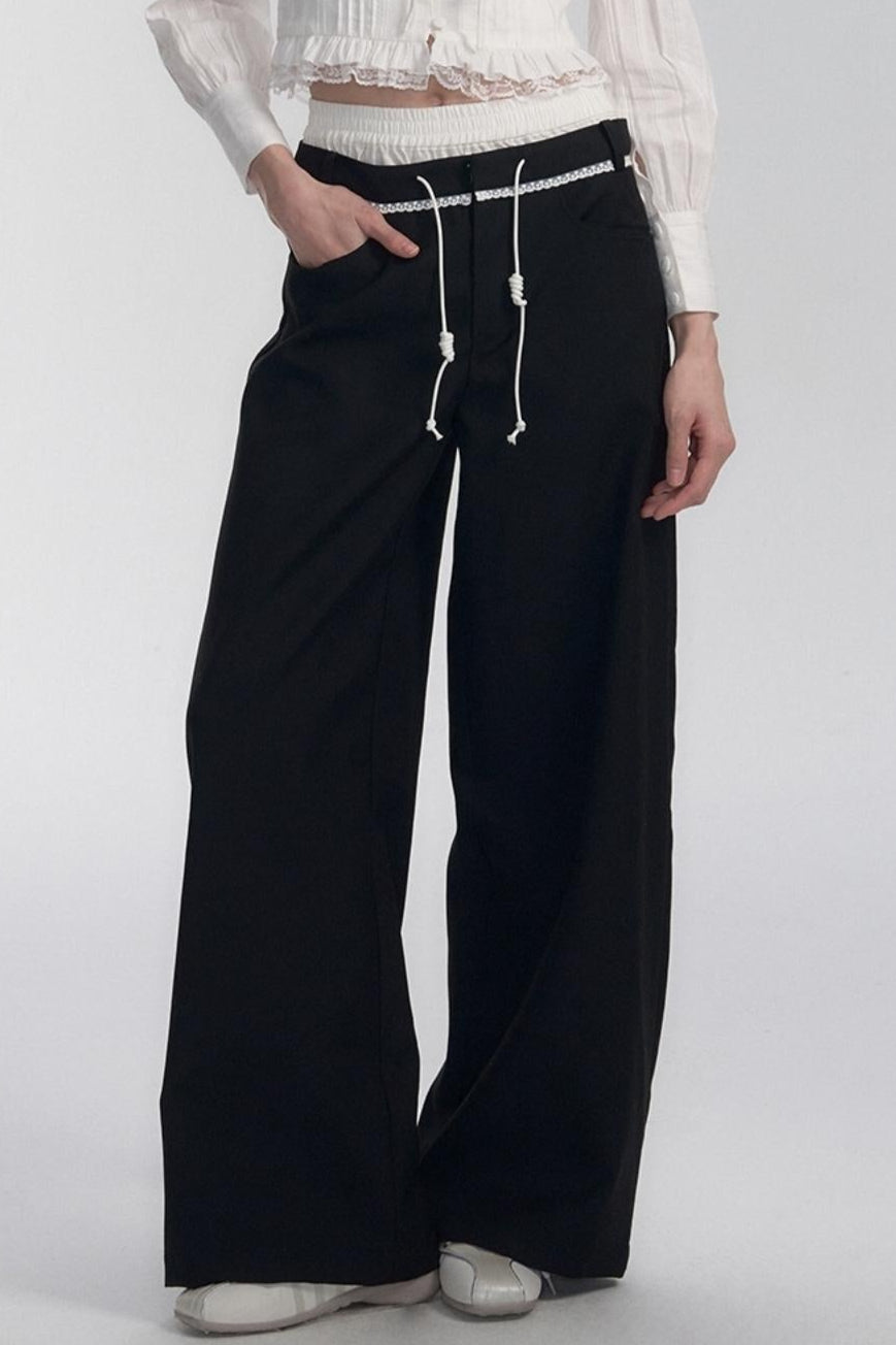 Drawstring Black Wide-Leg Pants