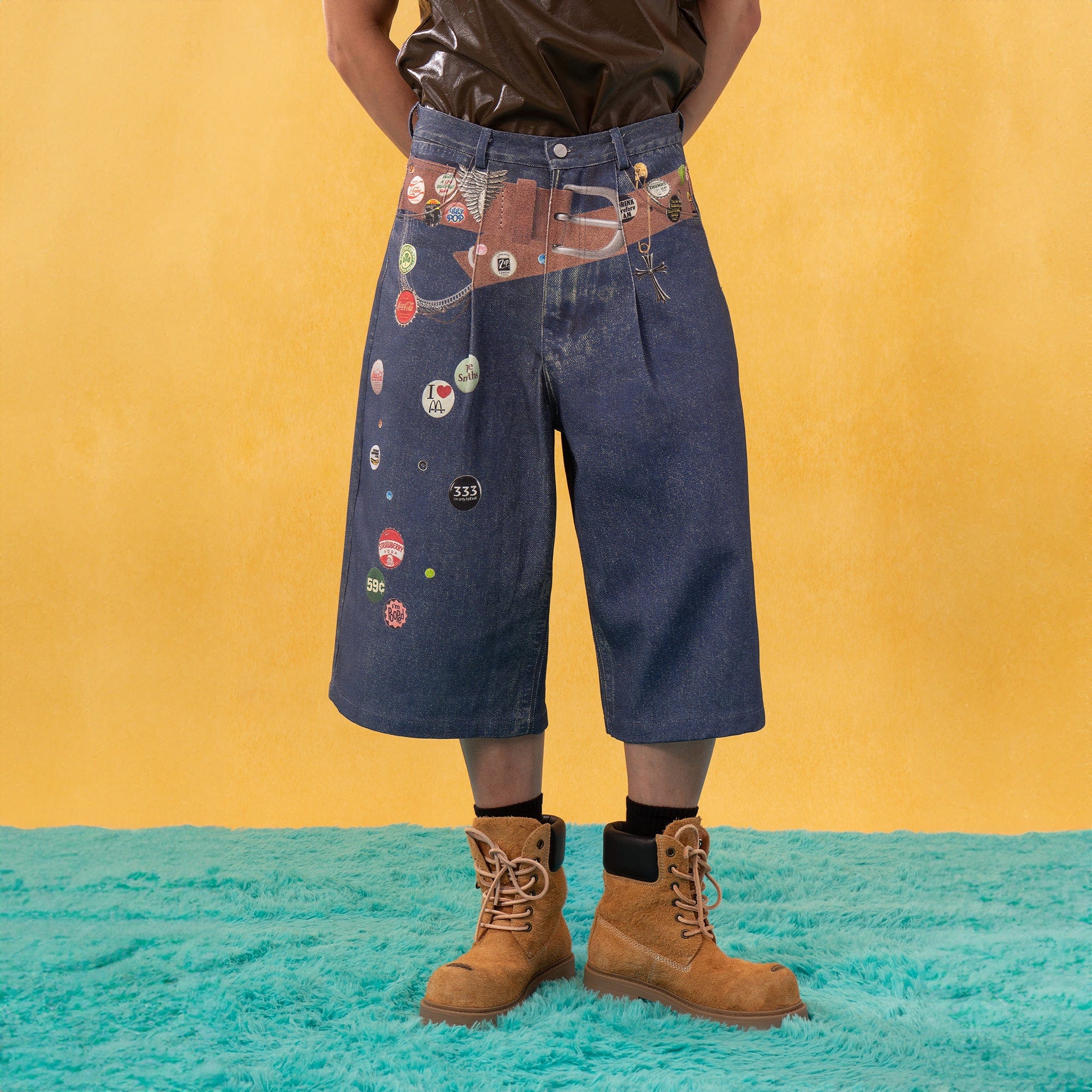 Wide-Leg Denim Shorts with Graphic Print and Button Details