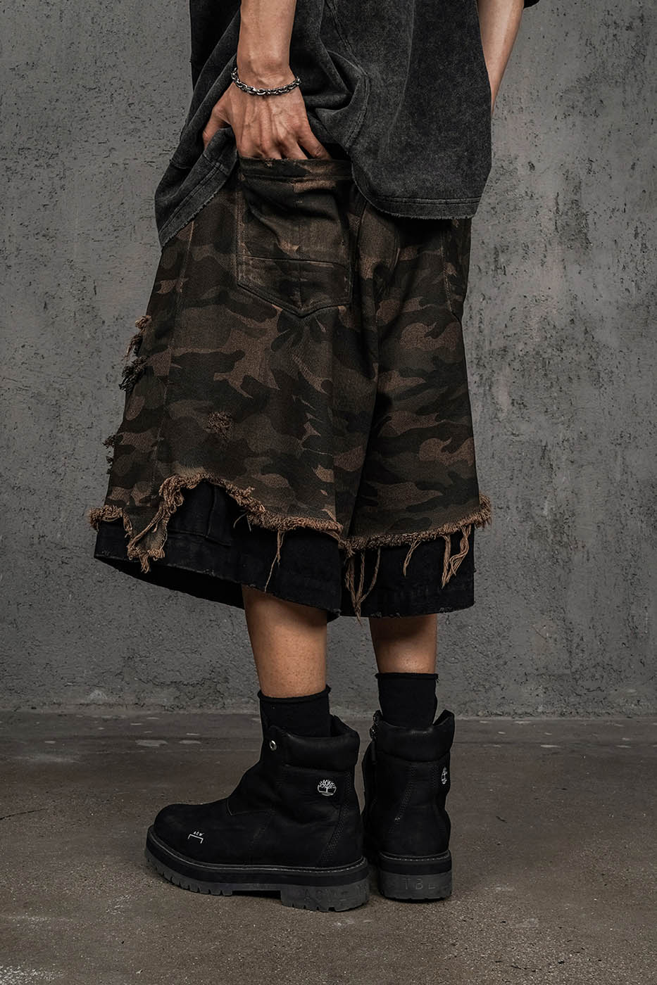 Double-Layered Shredded Camo Shorts