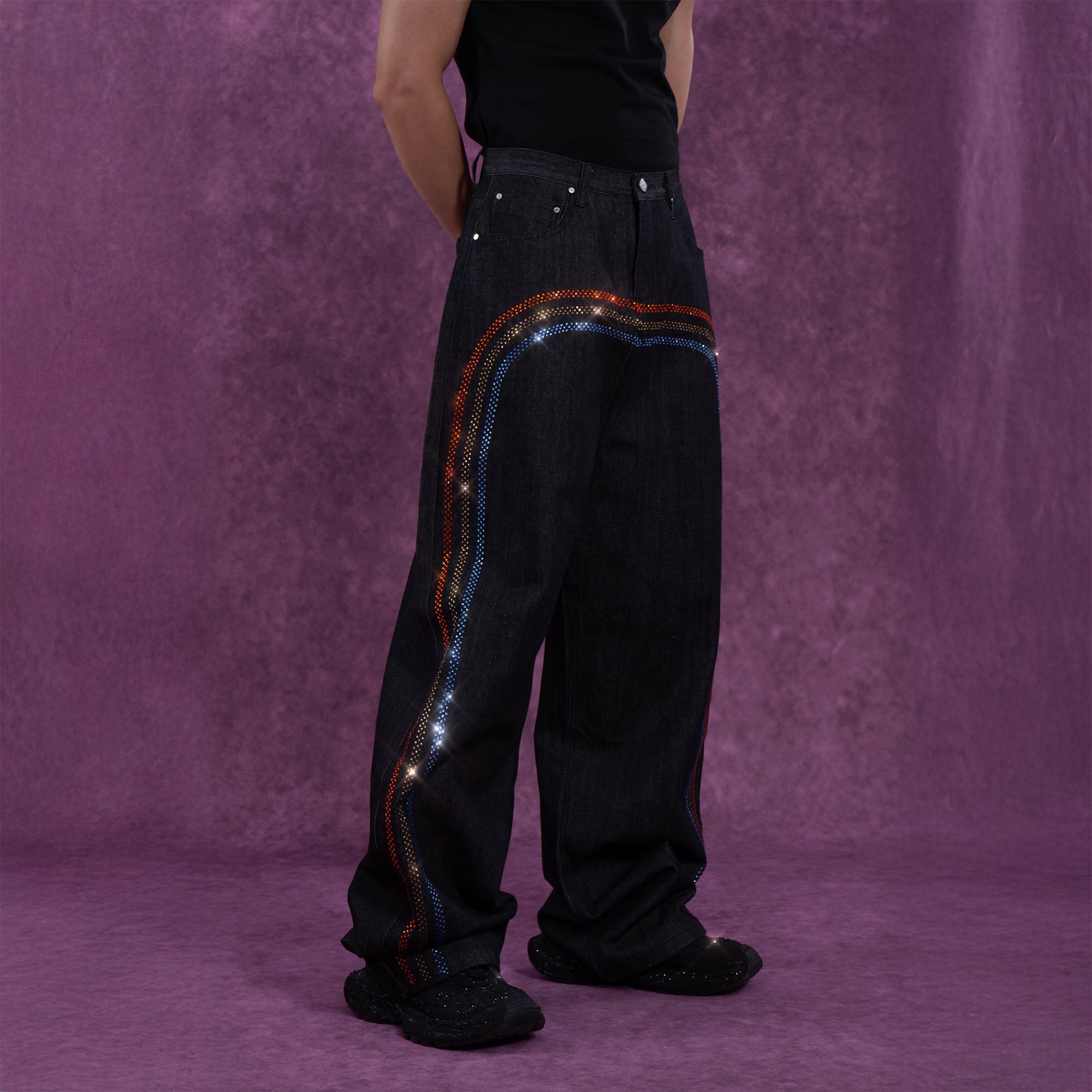 Black Rhinestone Embellished Wide-Leg Jeans