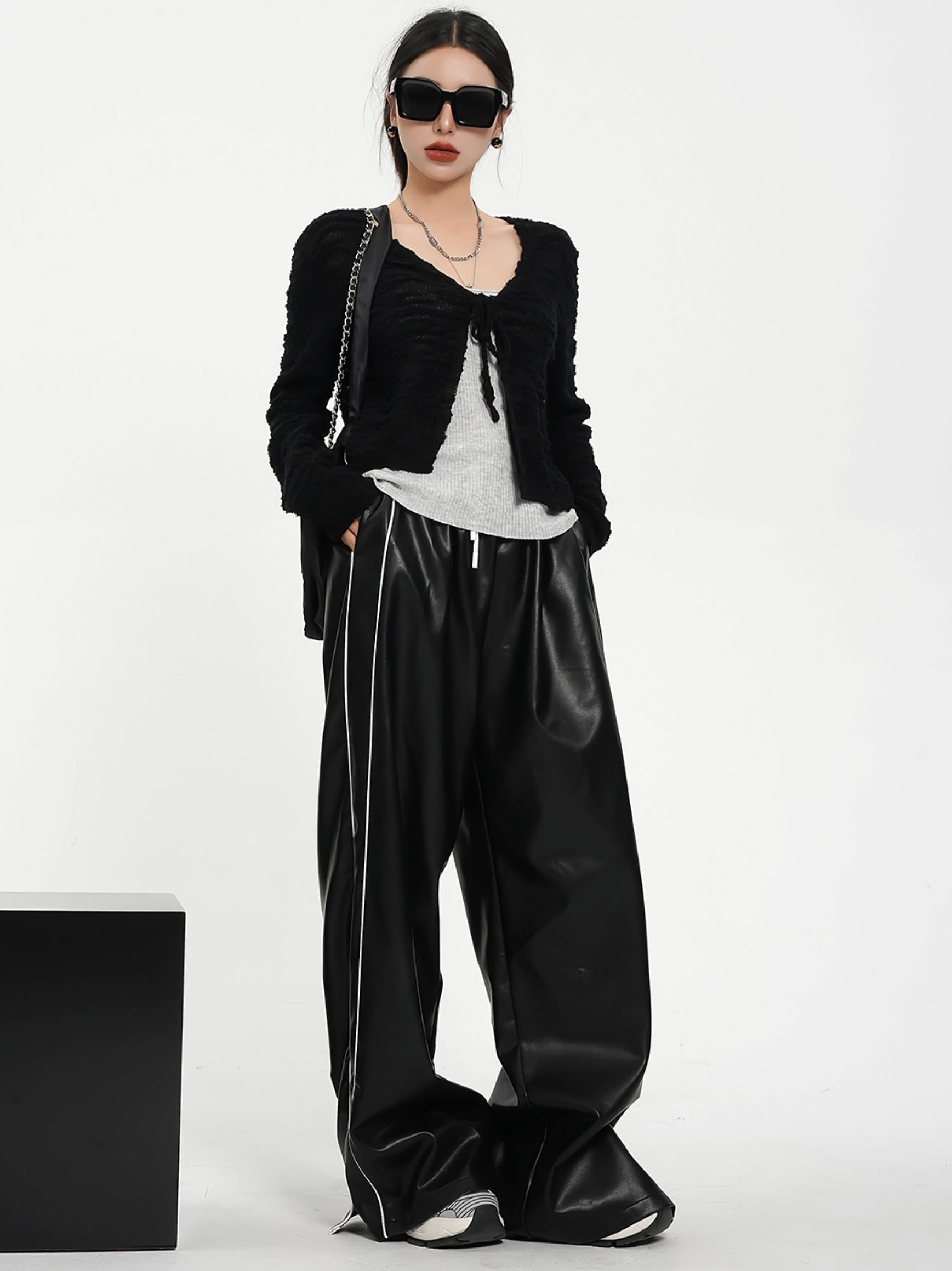 Luxe Satin-Look Drawstring Pants - Wide Leg Striped Track Bottoms