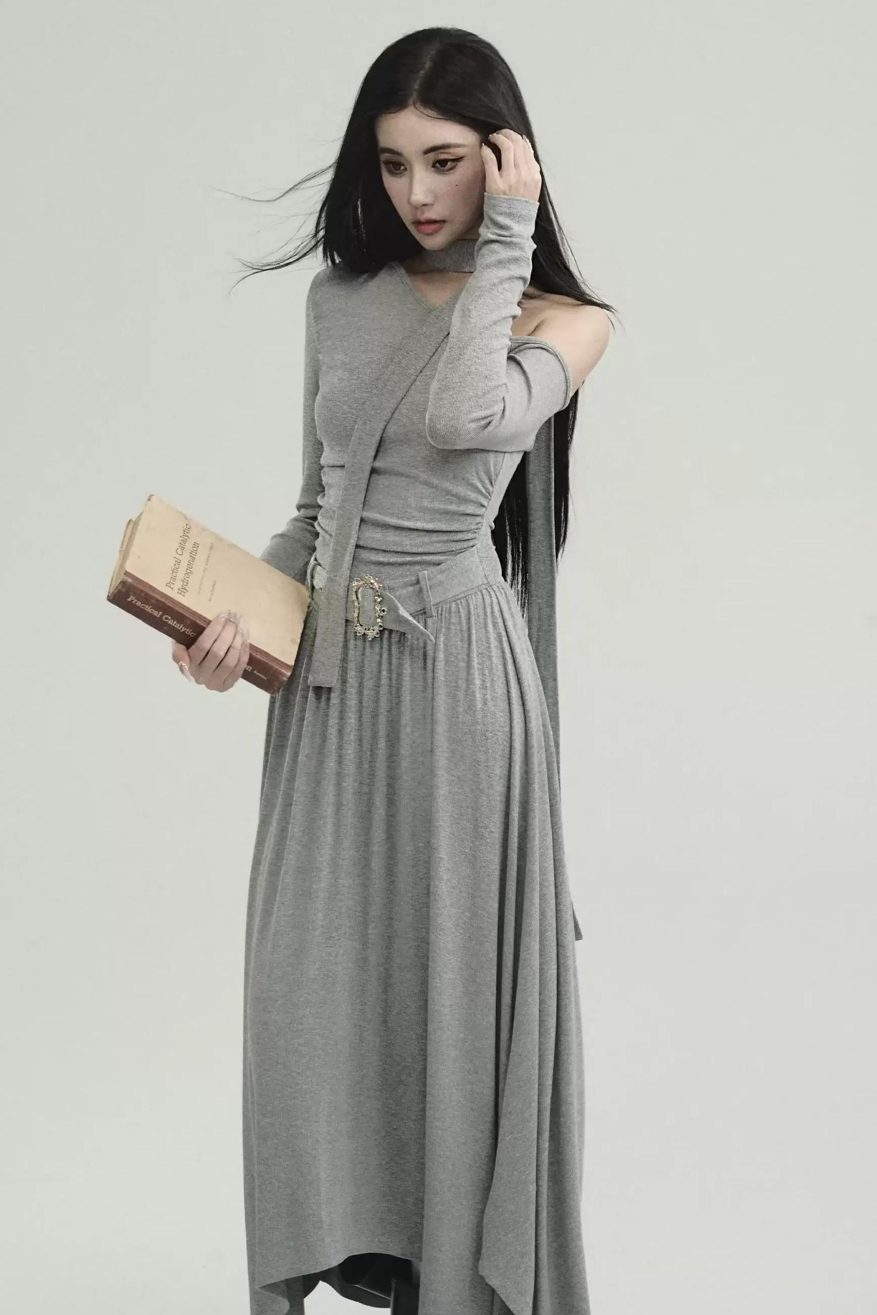 Cold Shoulder Choker Maxi Dress - Grey Gothic Asymmetric Dress