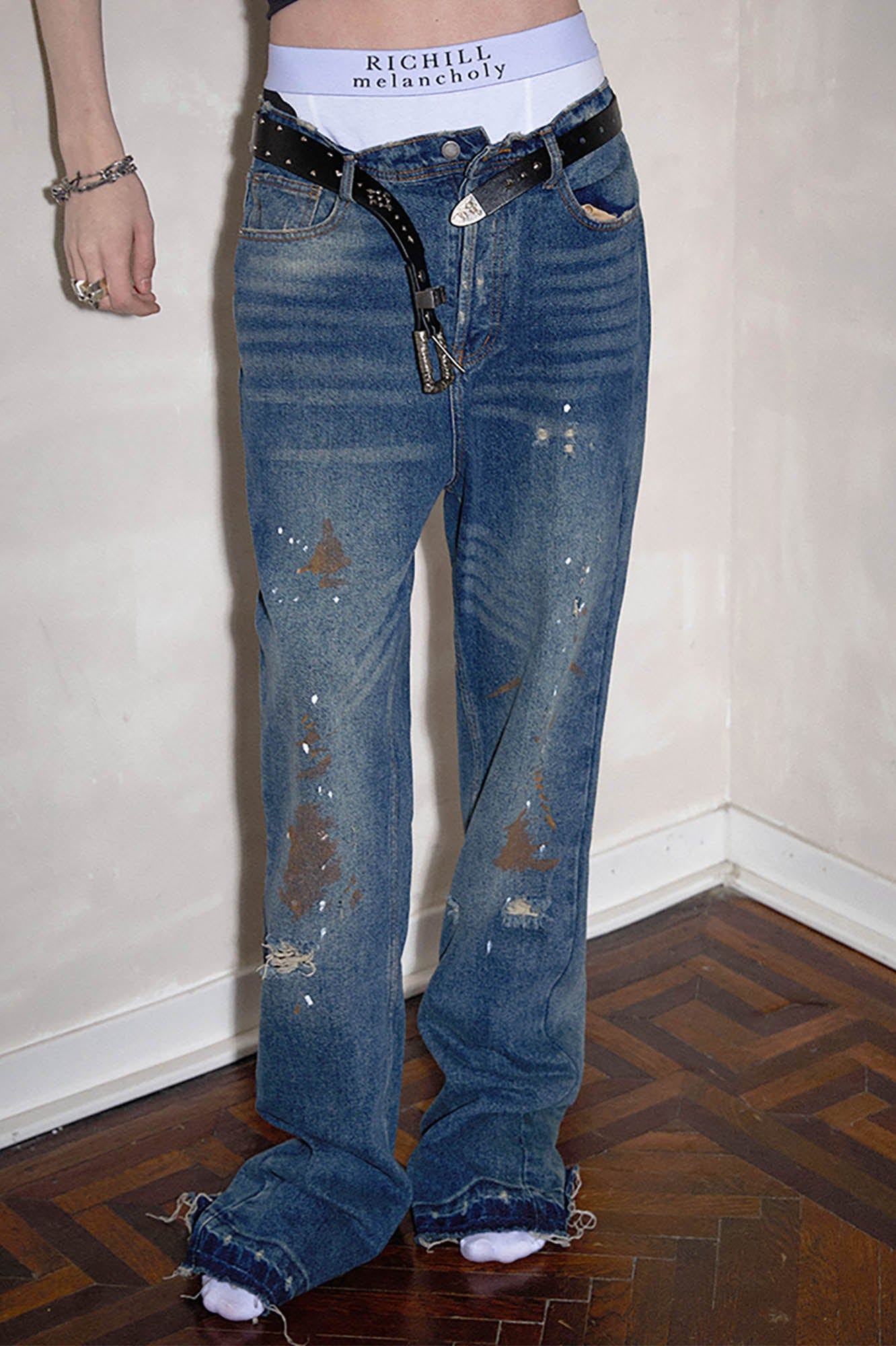 Distressed Paint Splatter Flare Jeans