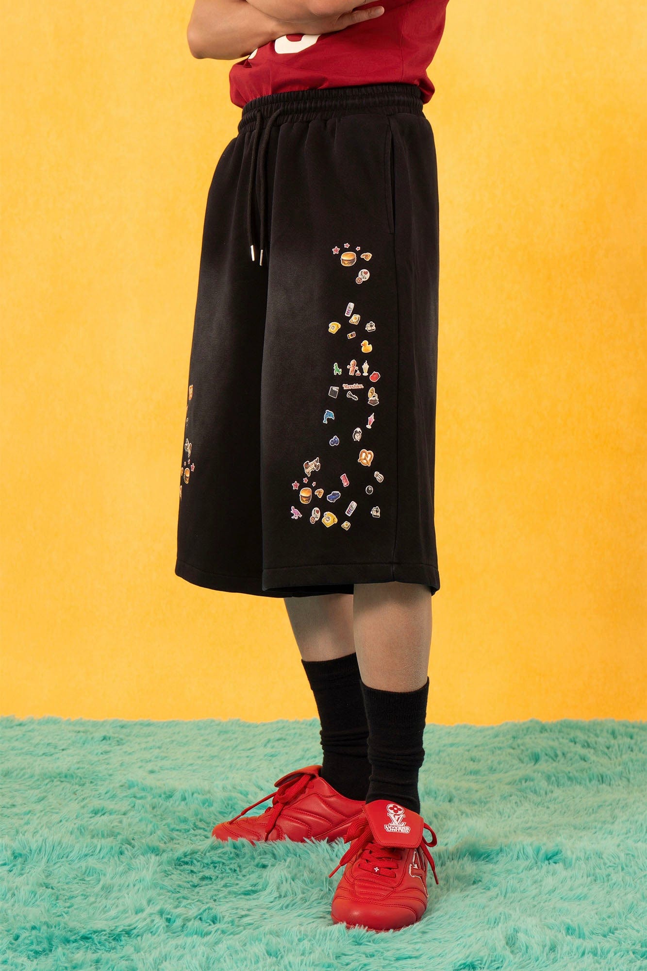 Black Sweat Shorts with Mini Sticker Print Graphics