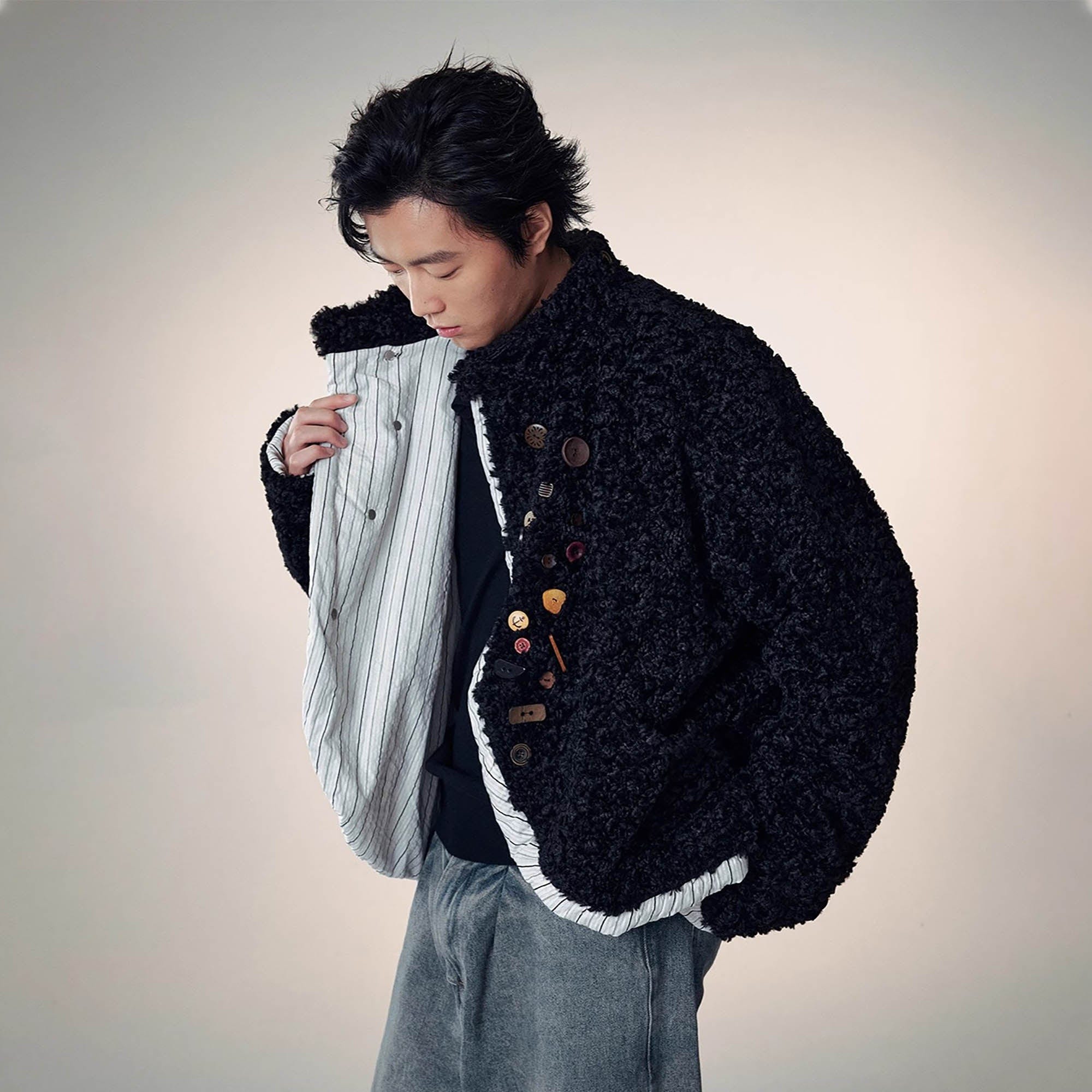 Button Embellished Curly Fleece Jacket