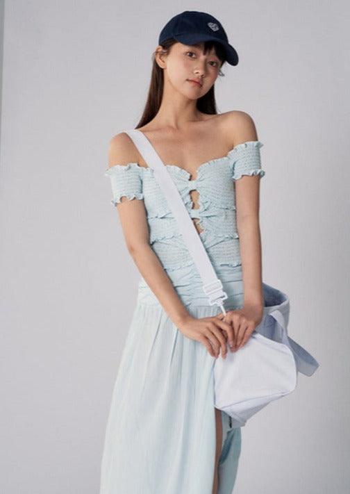 Blue Off-Shoulder Bow-Detail Pleated Long Dress