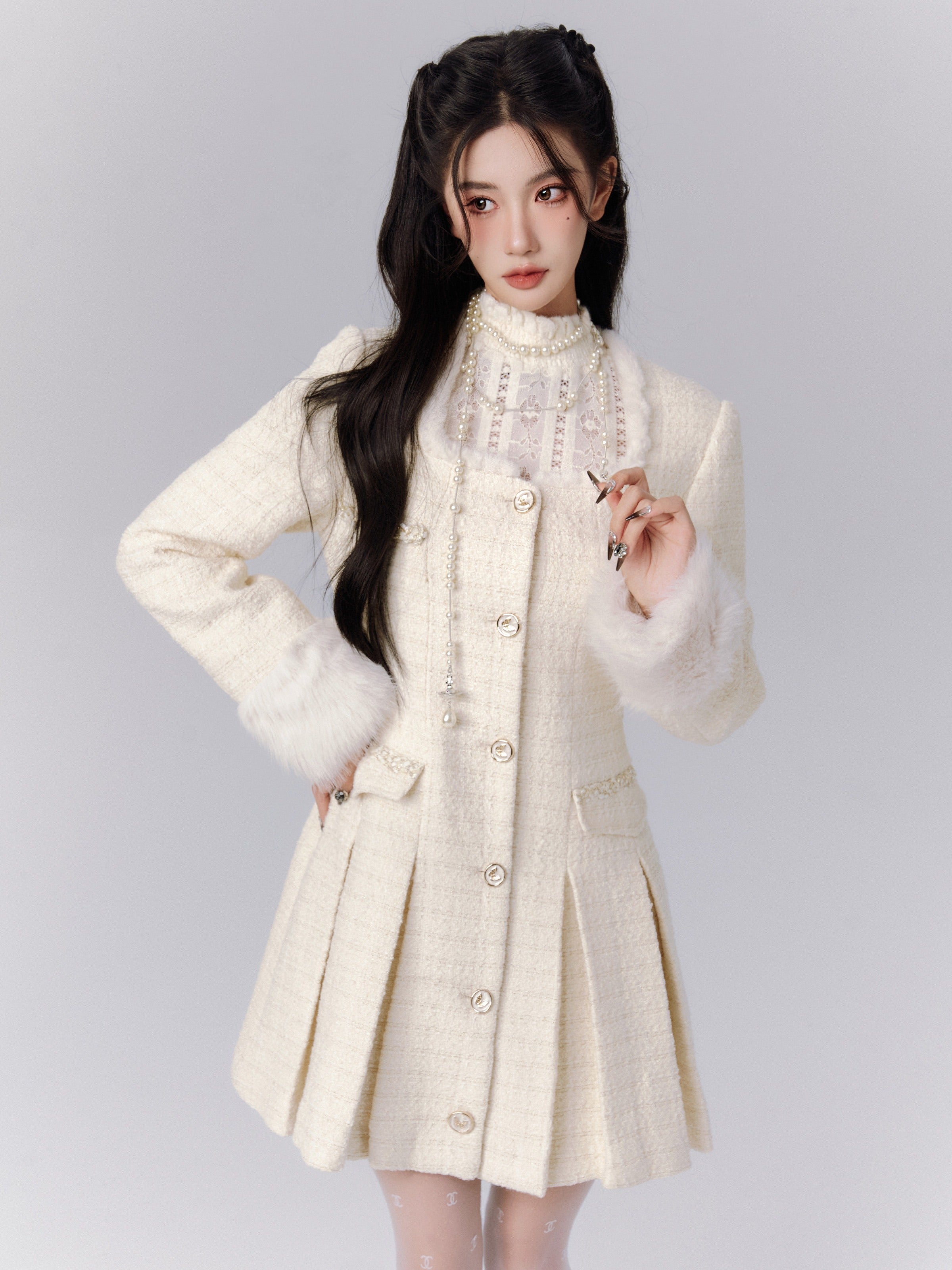 Elegant Ivory Tweed Coat Dress with Fur-Trimmed Cuffs