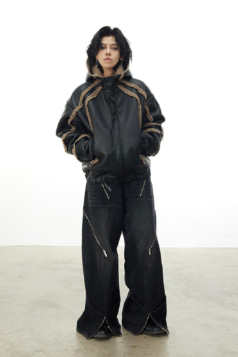 Rugged Stitched Fleece Leather Jacket - chiclara
