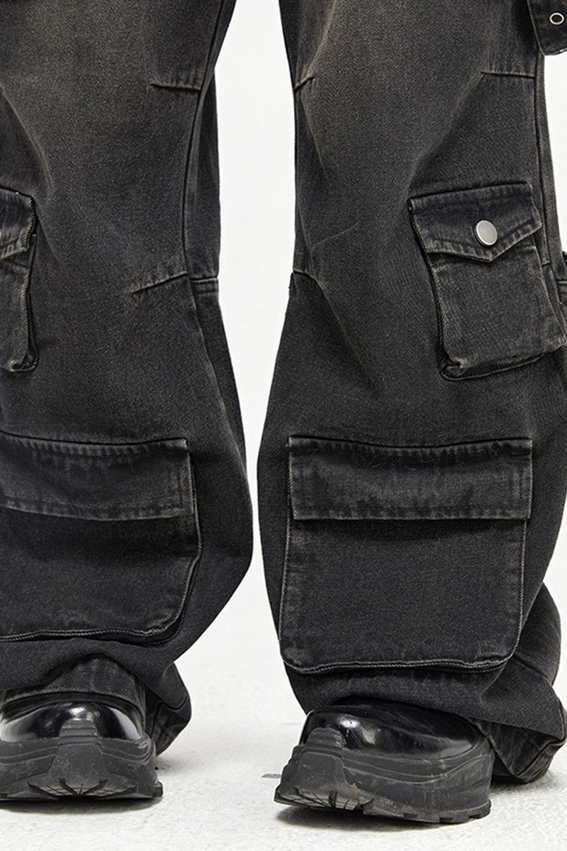 Utilitarian Oversized Multi-Pocket Straight Jeans - chiclara