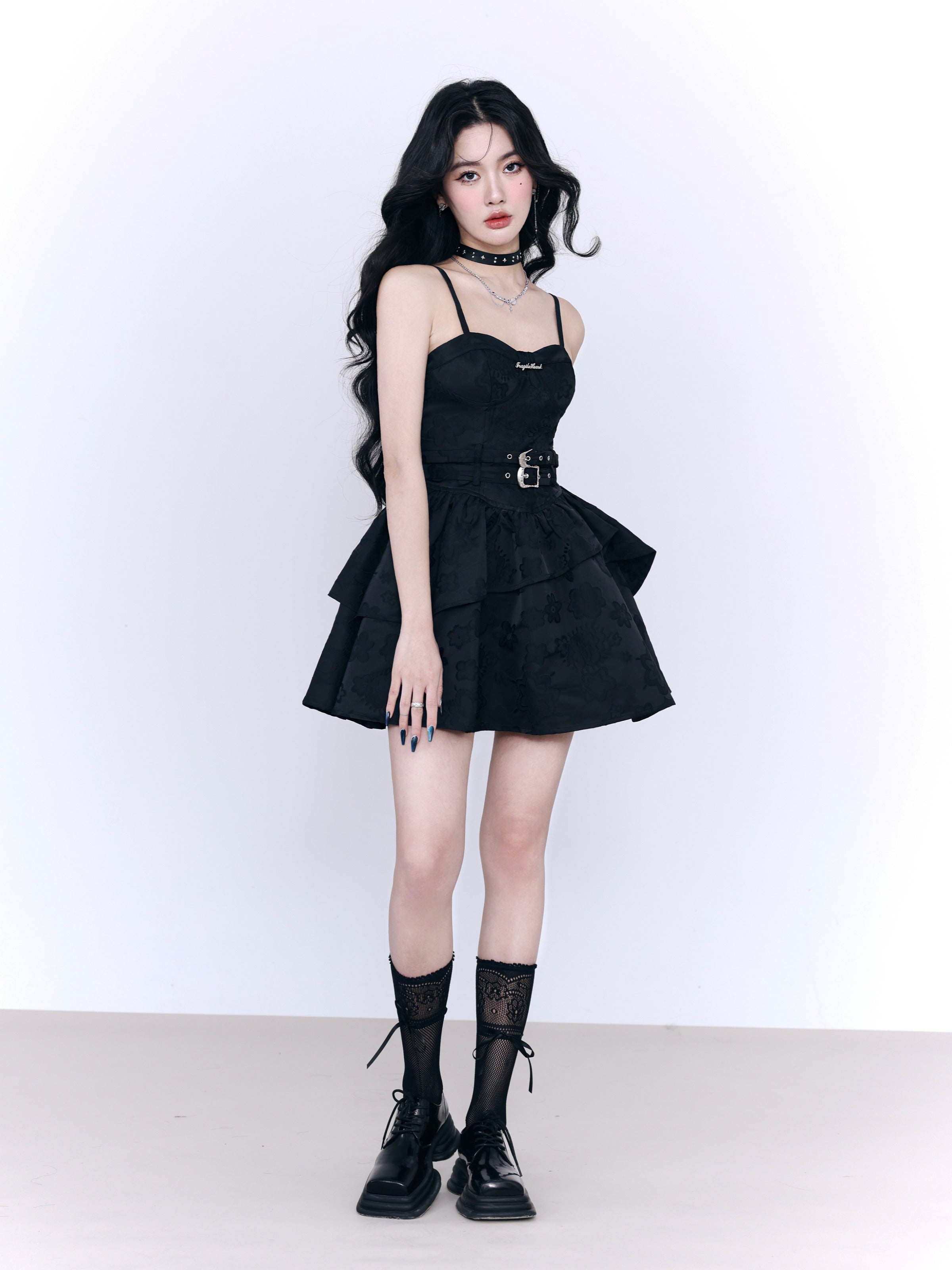 Fragile Heart Black Tiered Mini Dress with Belted Waist