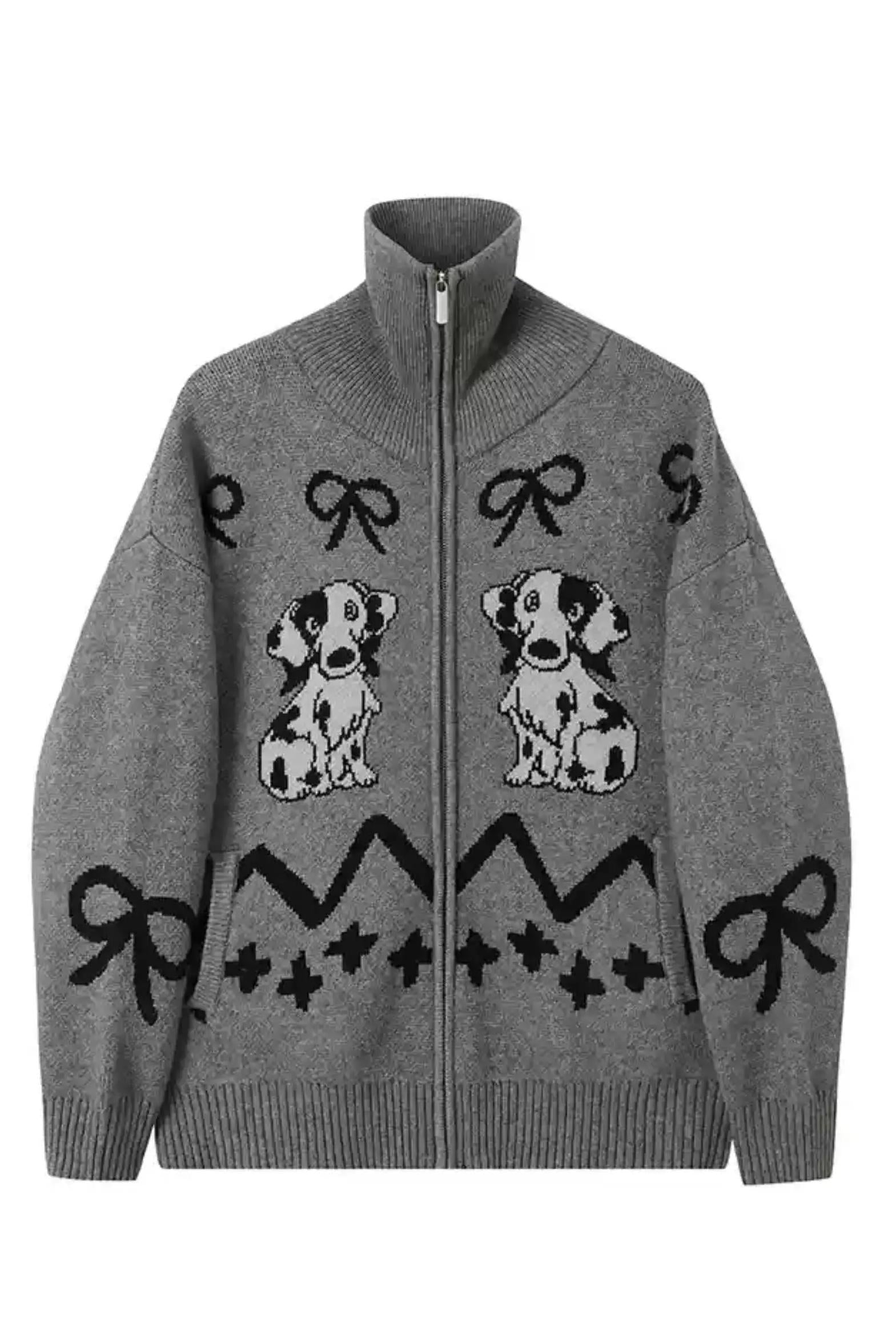 Puppy Pattern Zip Cardigan - Knit Bow Jacquard Sweater