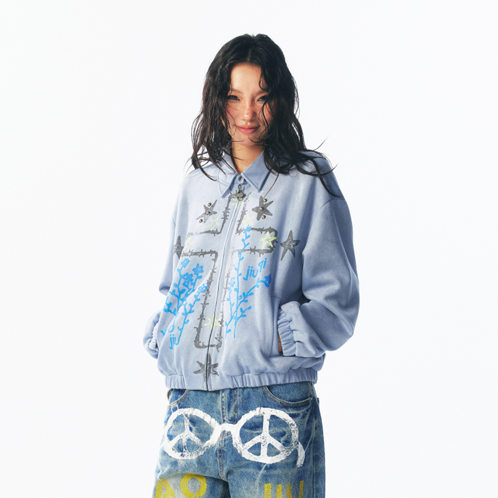 Floral Cross Faux Suede Zip Jacket