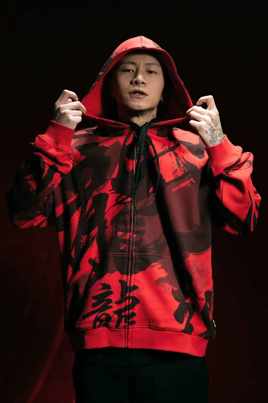 Chinese Calligraphy Print Zip-Up Hoodie