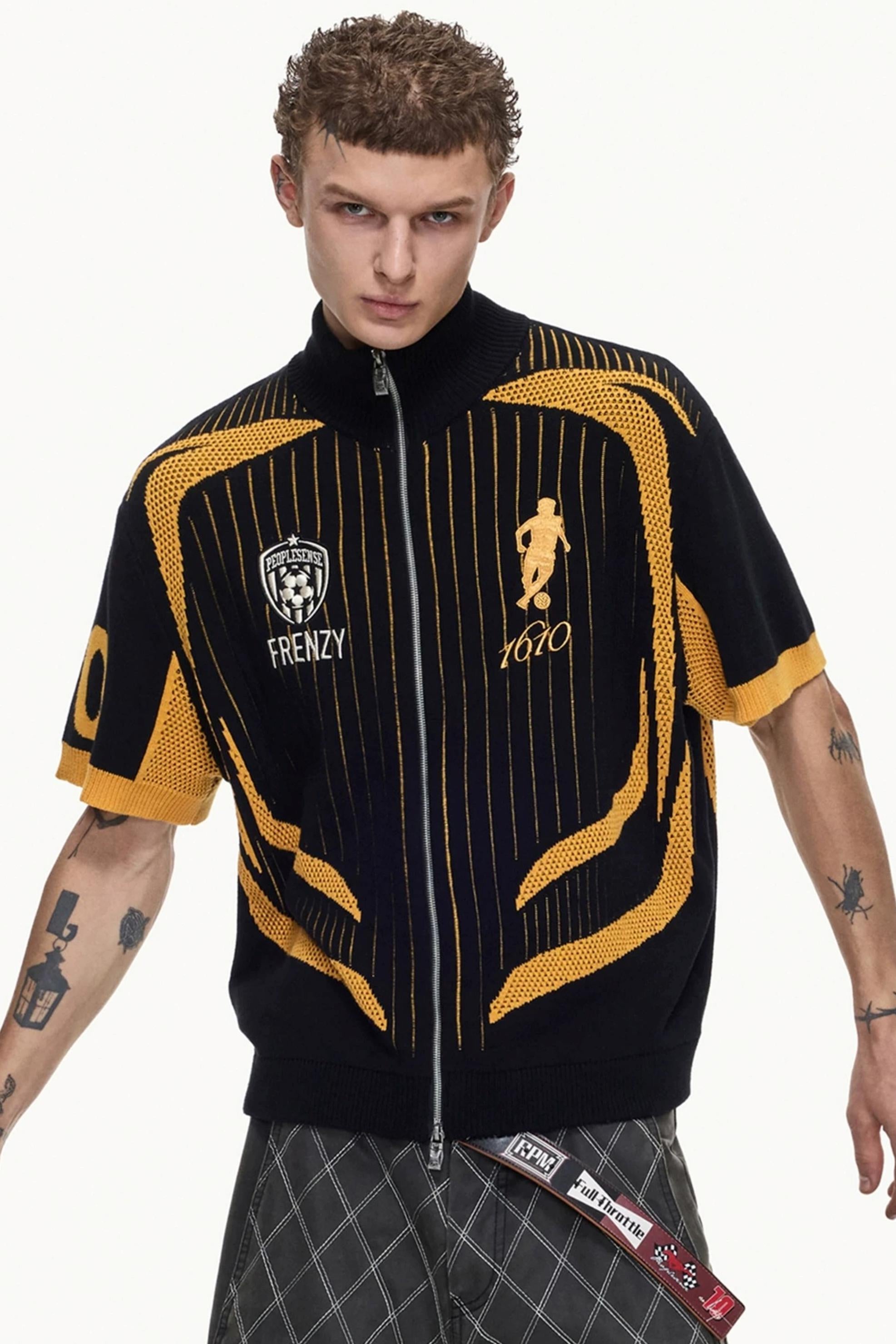 Men's Yellow Black Mesh Knit Polo Shirt