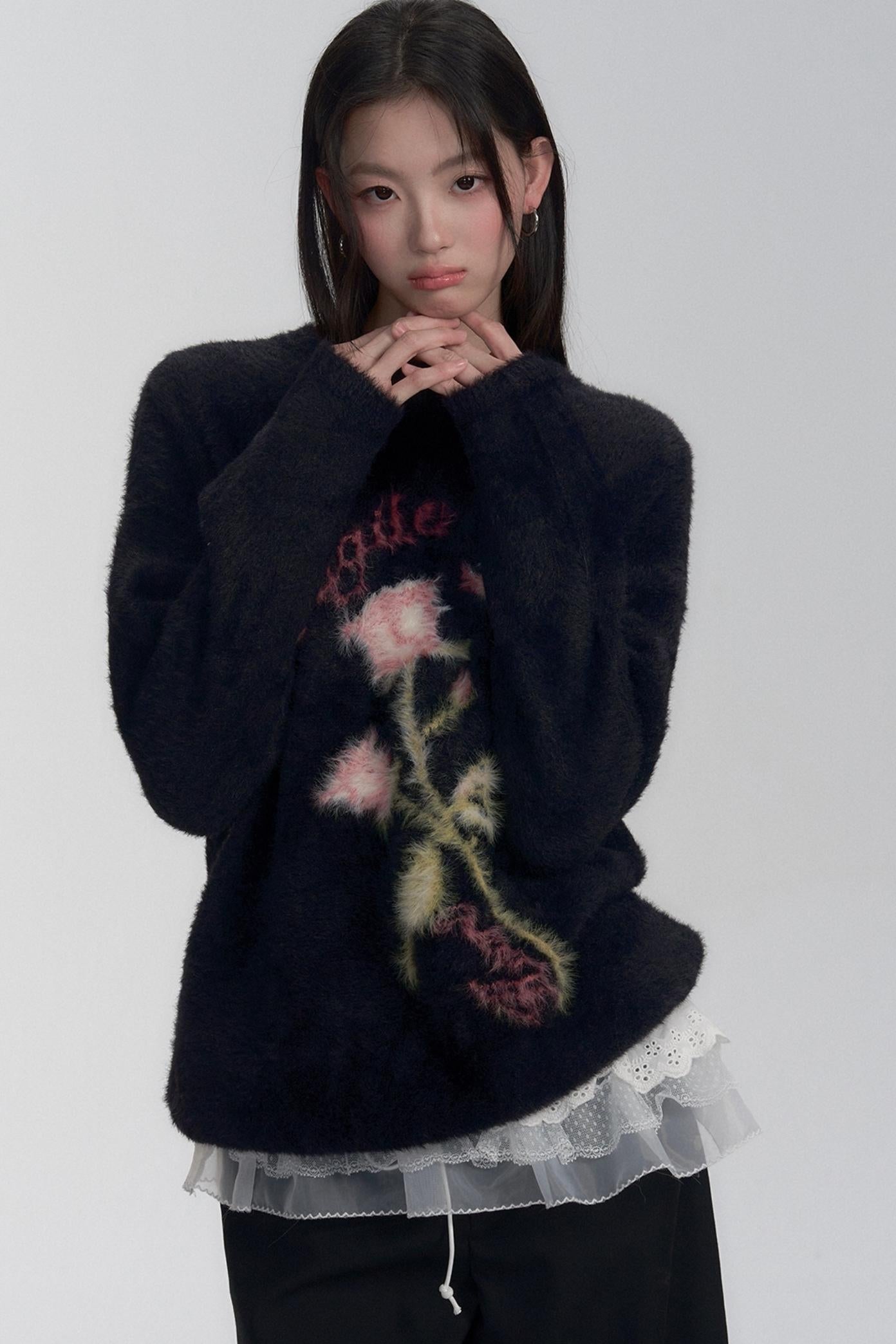 Floral Embroidered Fuzzy Sweater