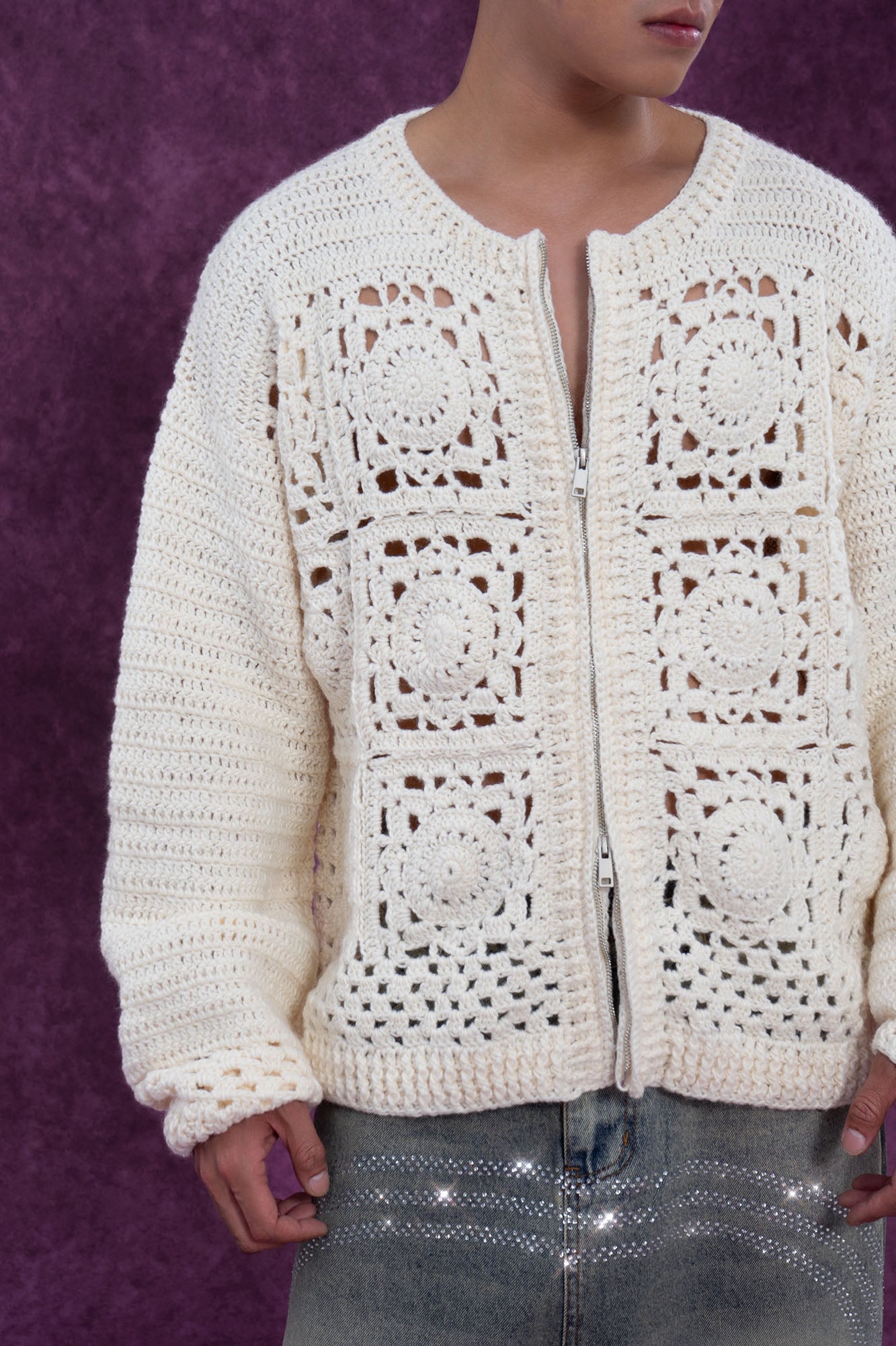 Cream Crochet Knit Cardigan