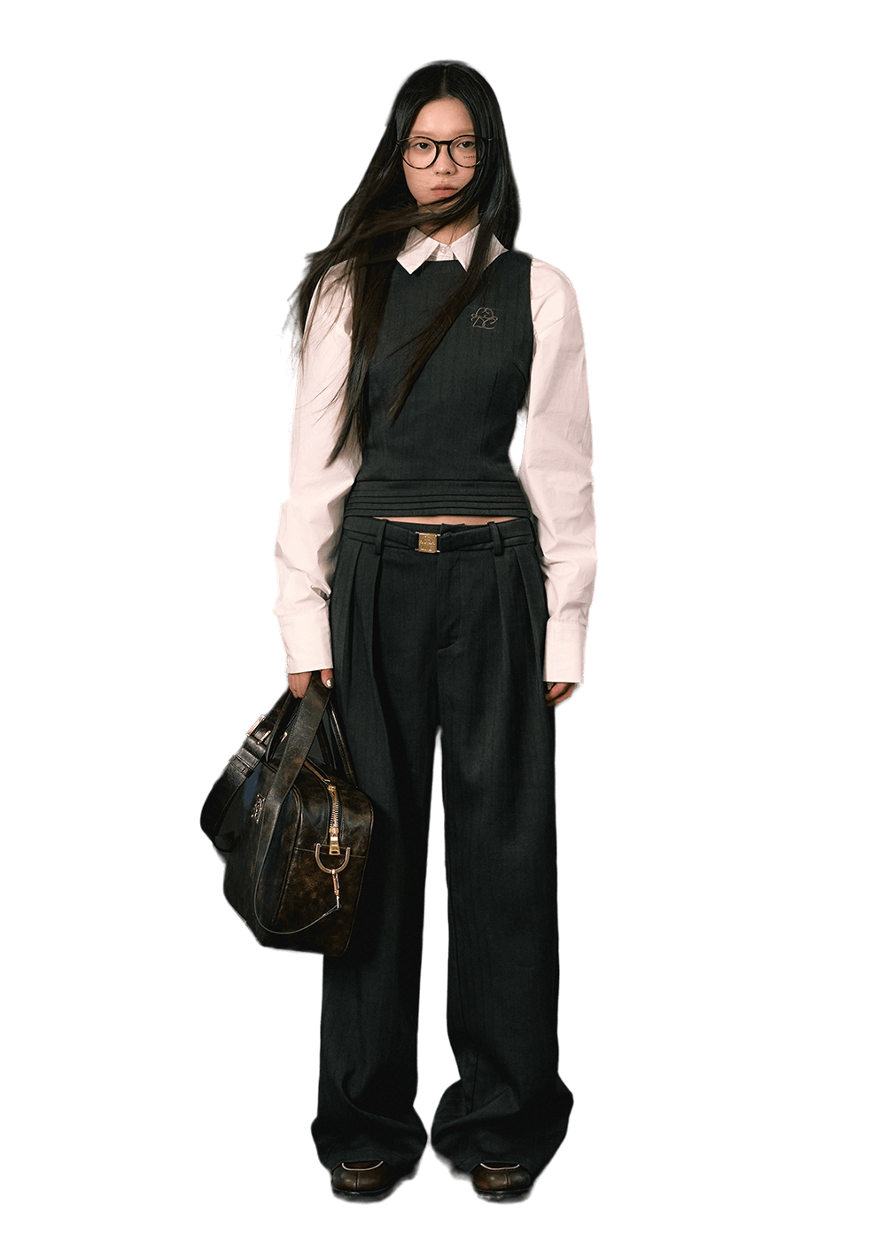 Minimalist Suit Vest & Gold Buckle Belt Skirt & Pants