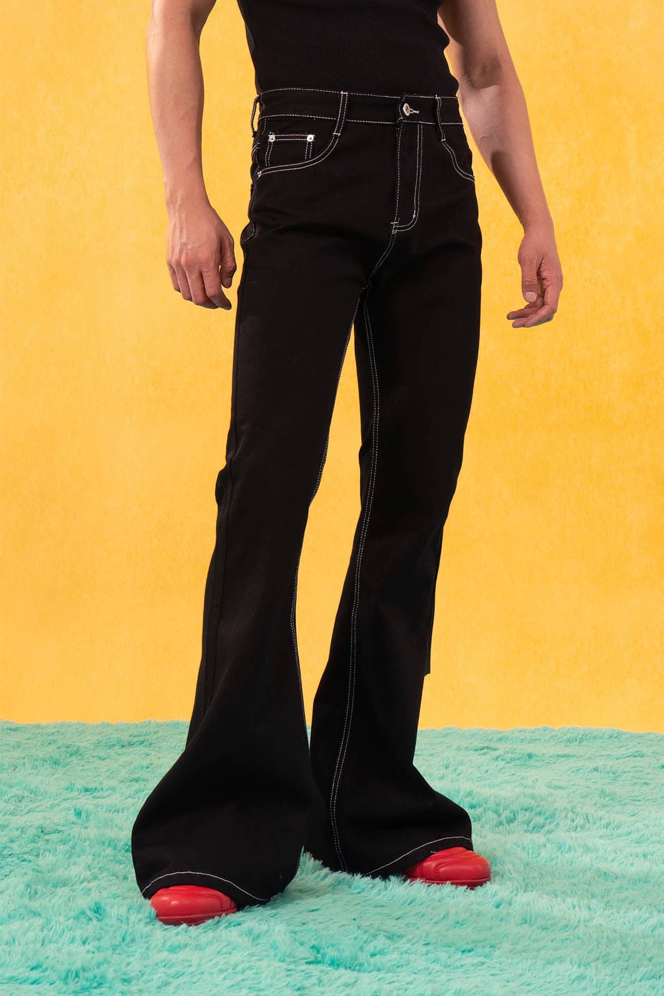 Black Flared Jeans with Contrast White Stitching