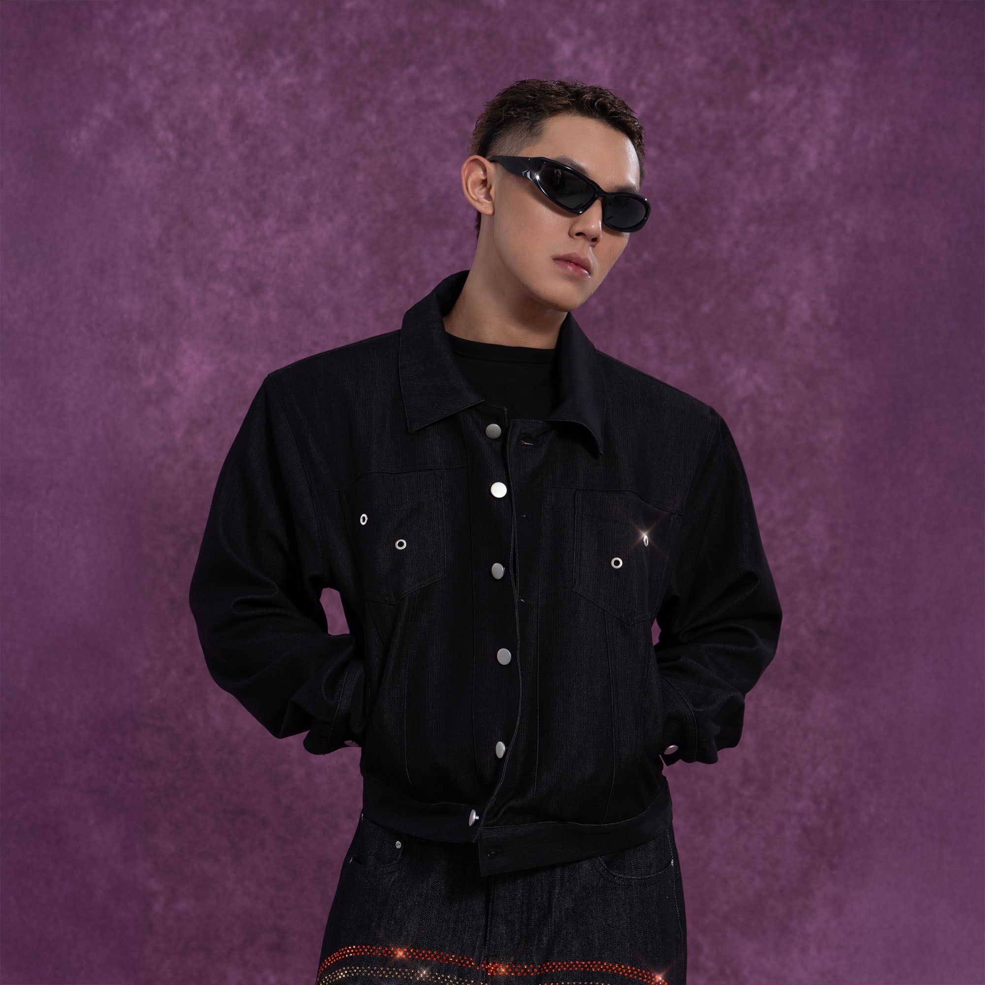 Classic Cropped Shoulder Padding  Dark Denim Jacket