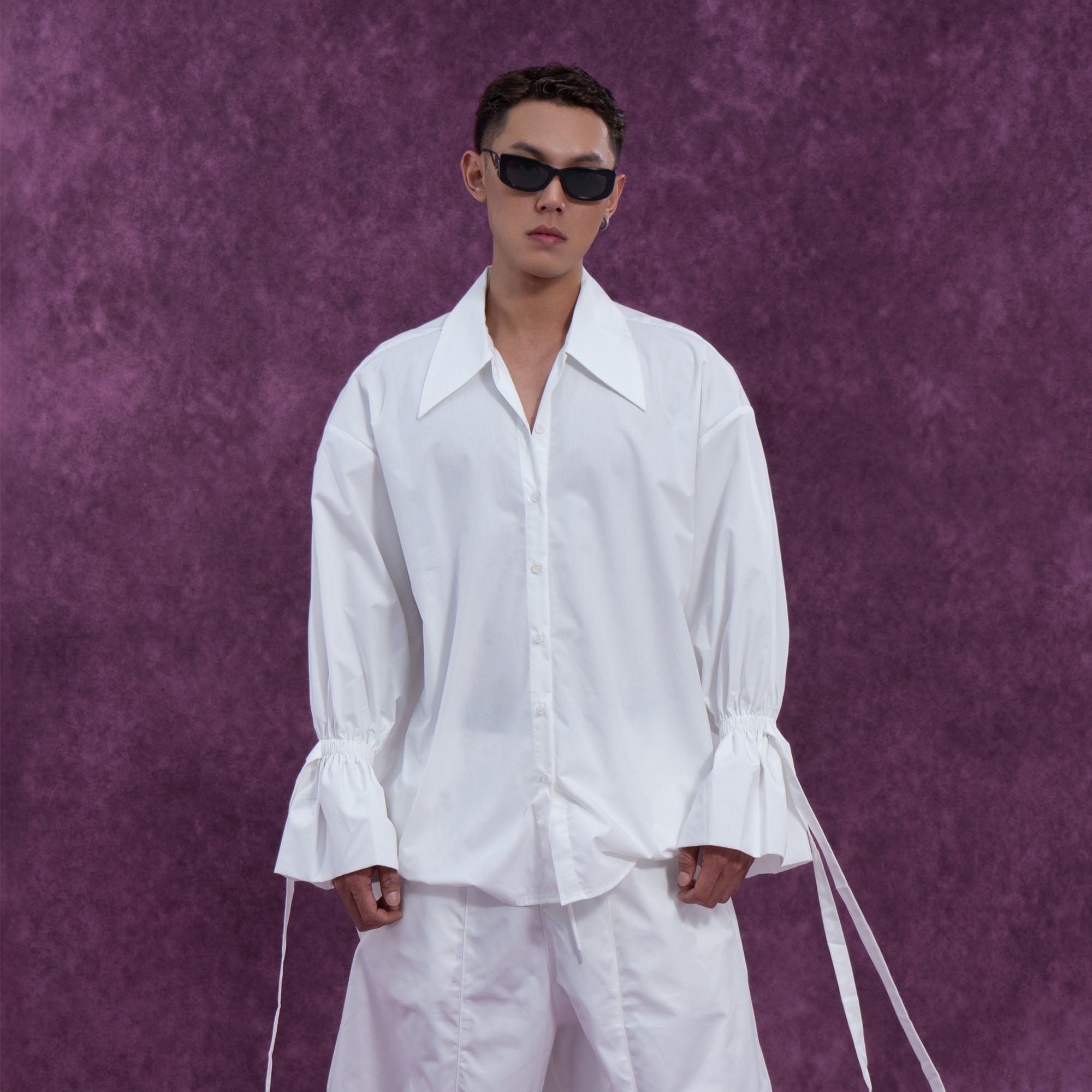 Button-Up Shirt with Tied Balloon Sleeves