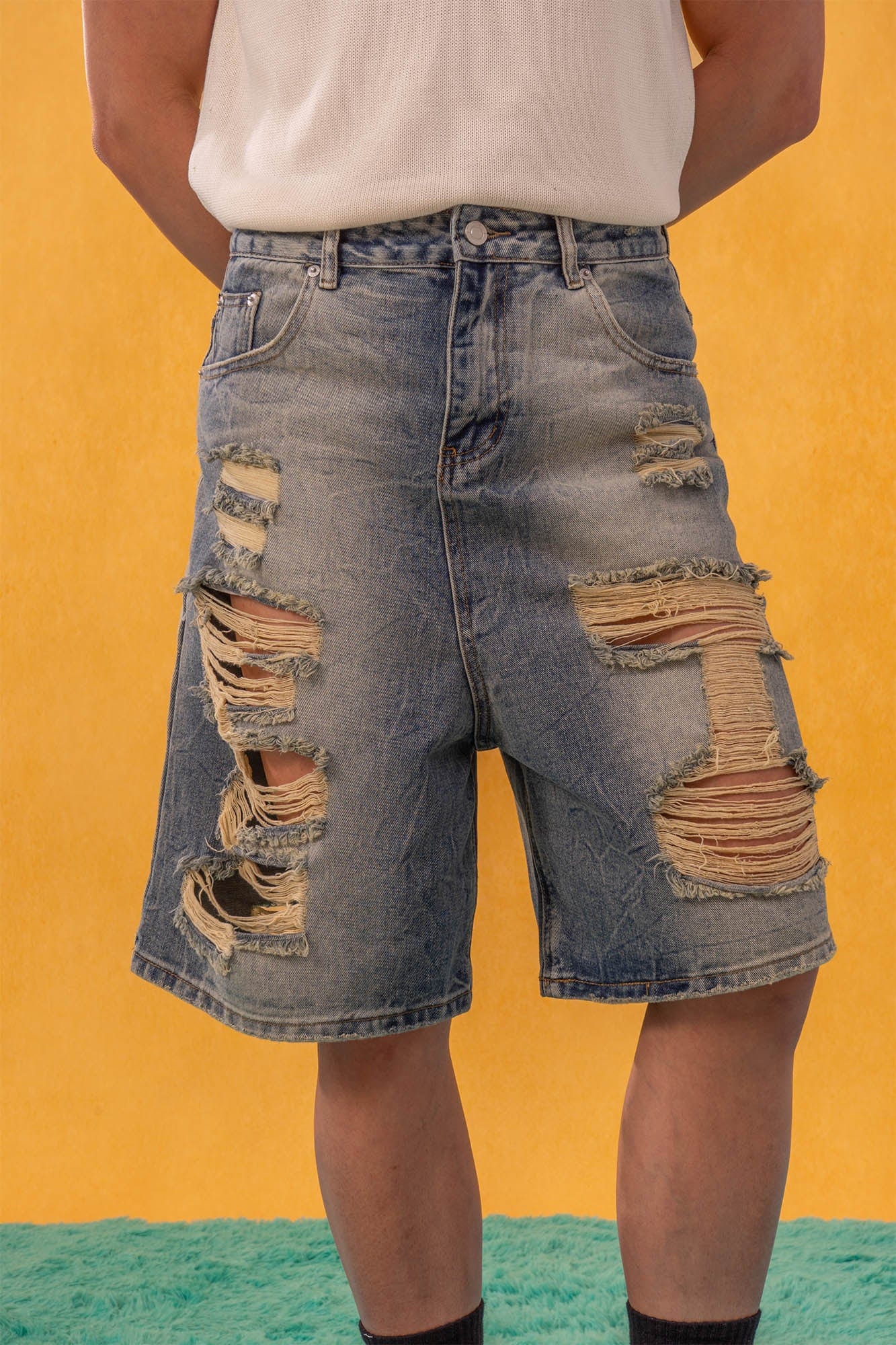 Destroyed Frayed Denim Shorts