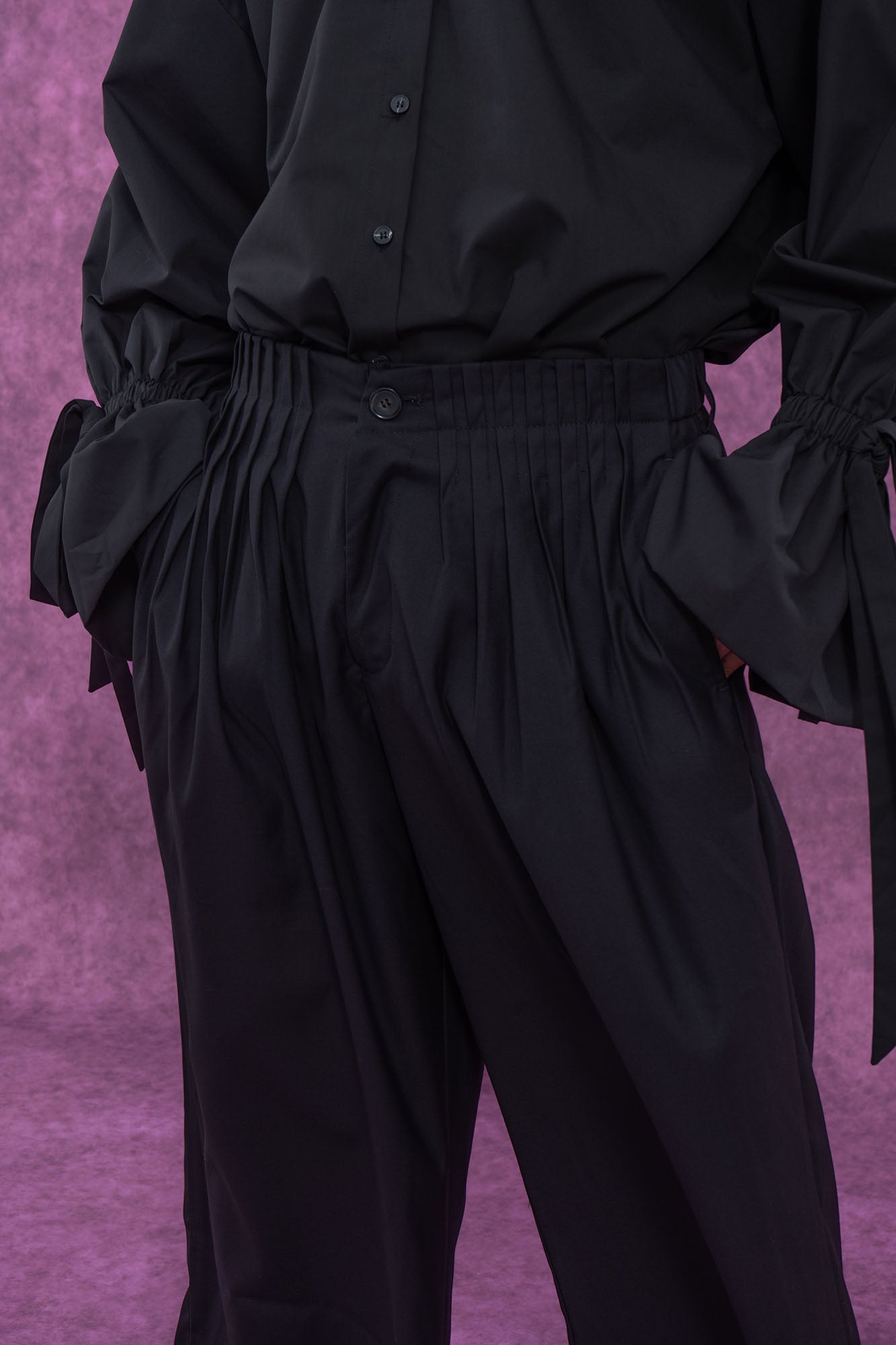 Pleated Waist Black Wide-Leg Trousers