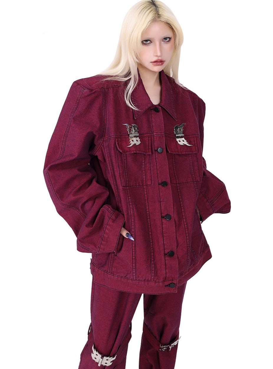 PINKSPINK Burgundy Denim Jacket - Silver Emblem Edition