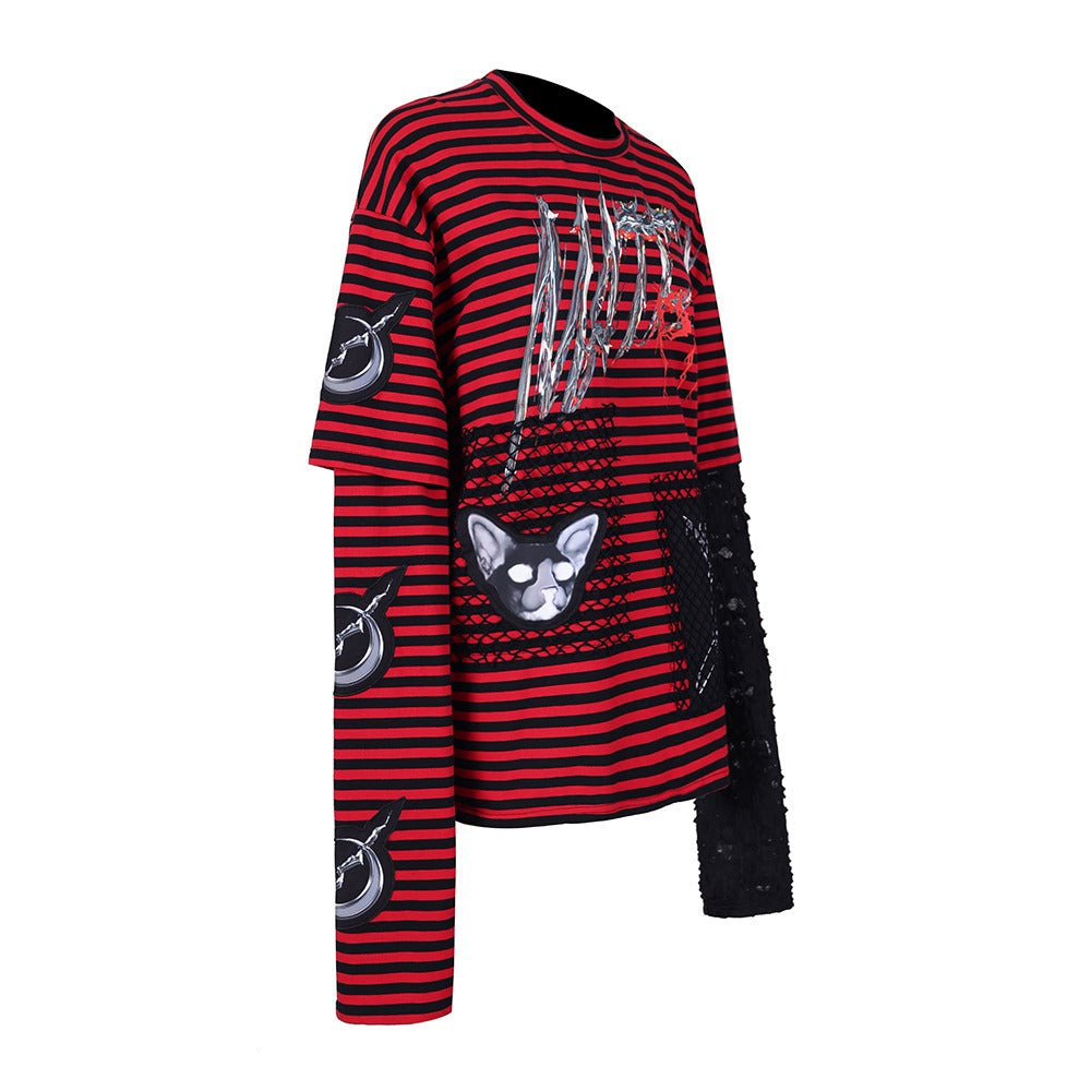 PINKSPINK Punk Cat Striped Layered Top - Red and Black