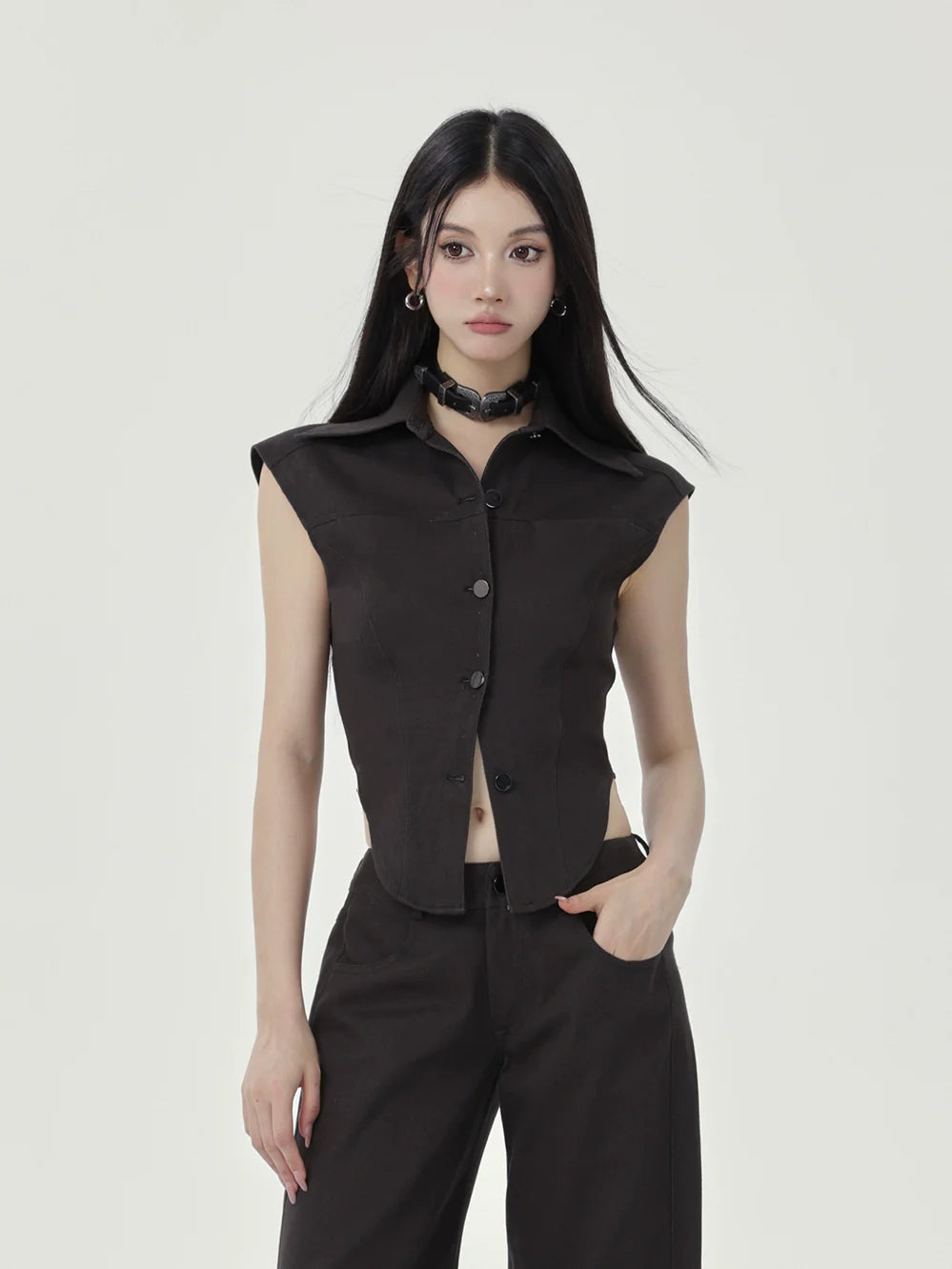 Black Sleeveless Button-Up Top