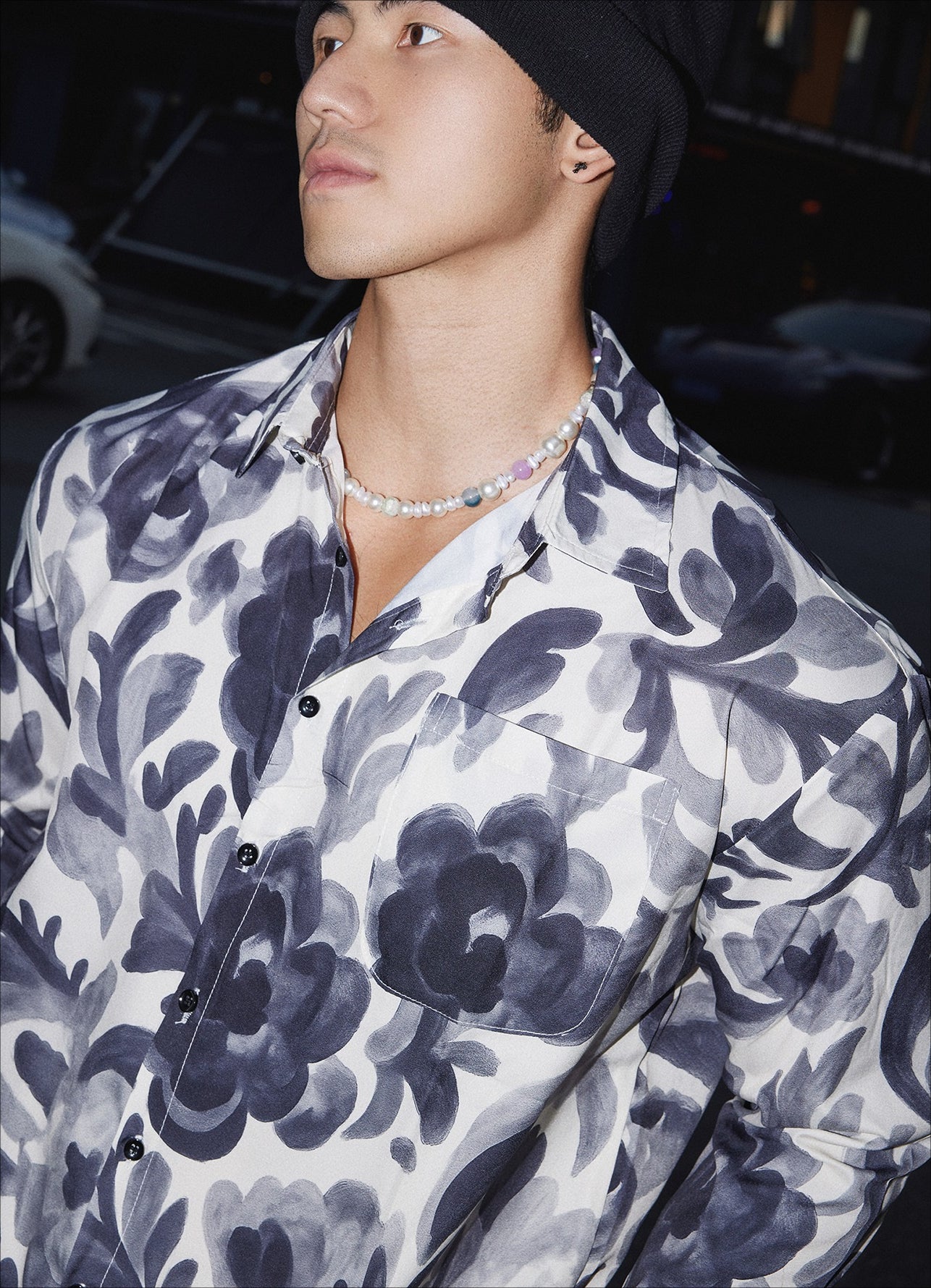 Black and White Floral Print Button-Up Shirt