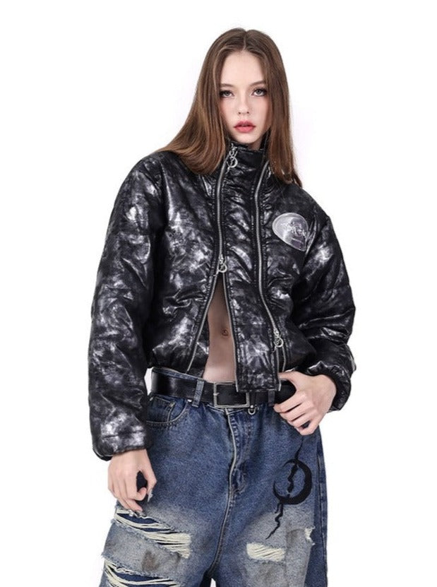 PINKSPINK Metallic Skull Puffer Jacket - Black/Silver