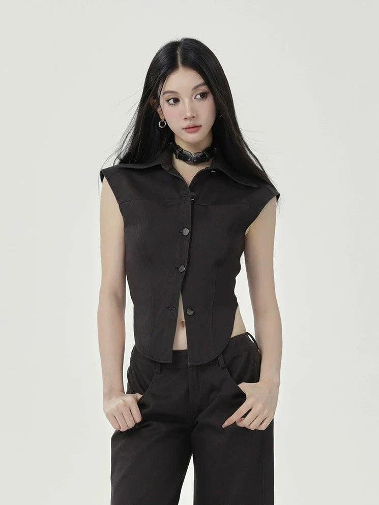 Black Sleeveless Button-Up Top