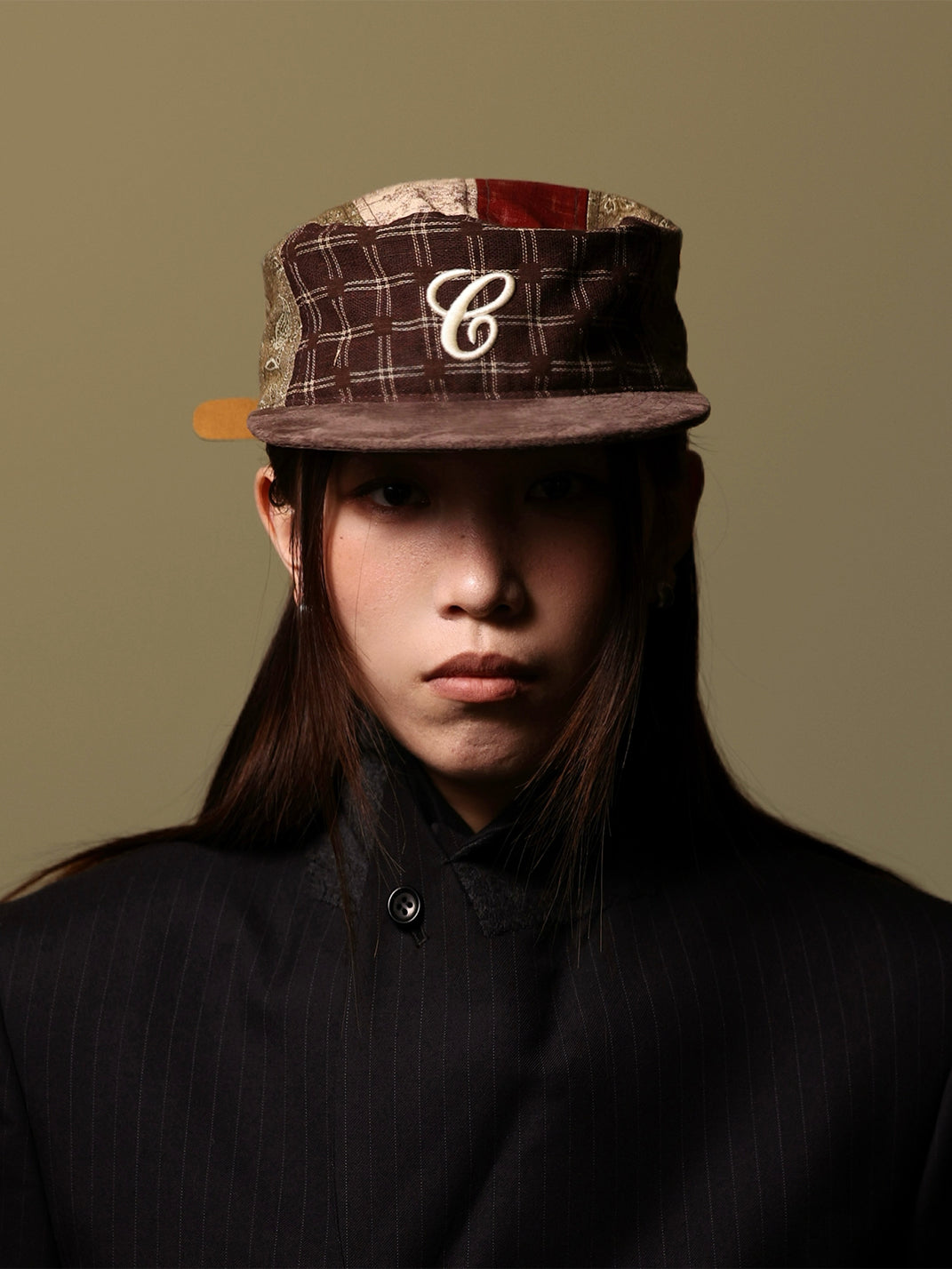 C-Embroidered Flat-Crown Cap - Mixed Patchwork - Worn front - view 2