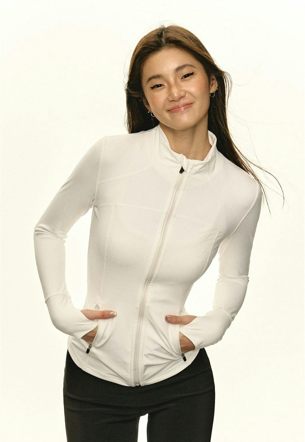 White Fitted Athletic Jacket with Mock Neck and Zip Pockets