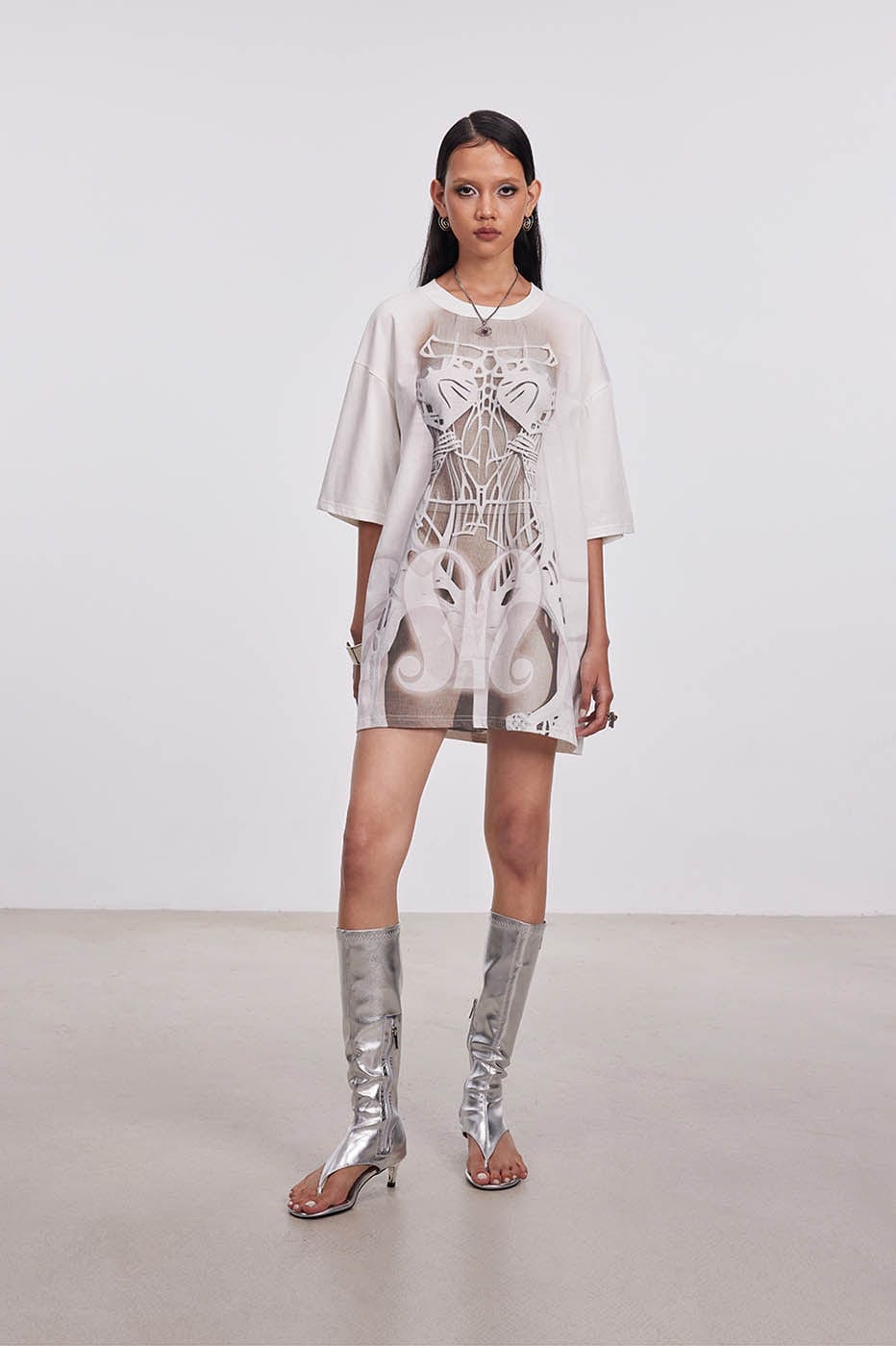 Skeleton Mesh Cutout Oversized Tee