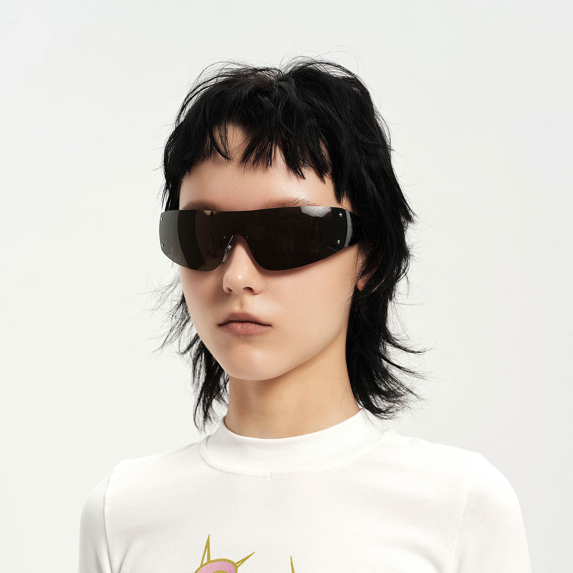 Futuristic Shield Sunglasses with White Temples