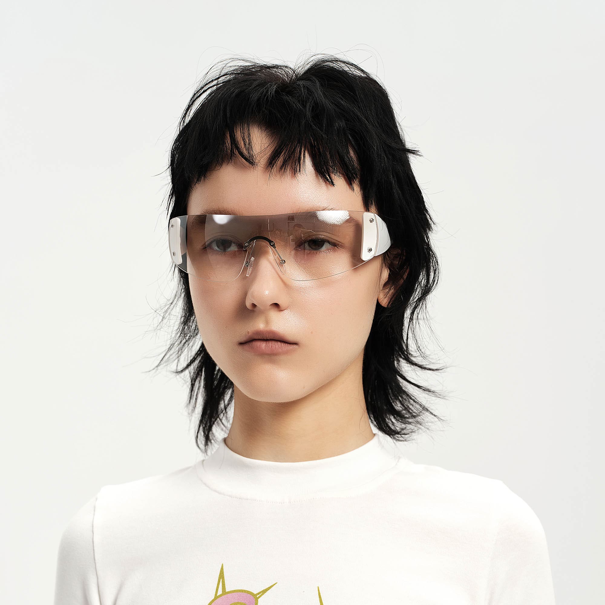 Futuristic Shield Sunglasses with White Temples