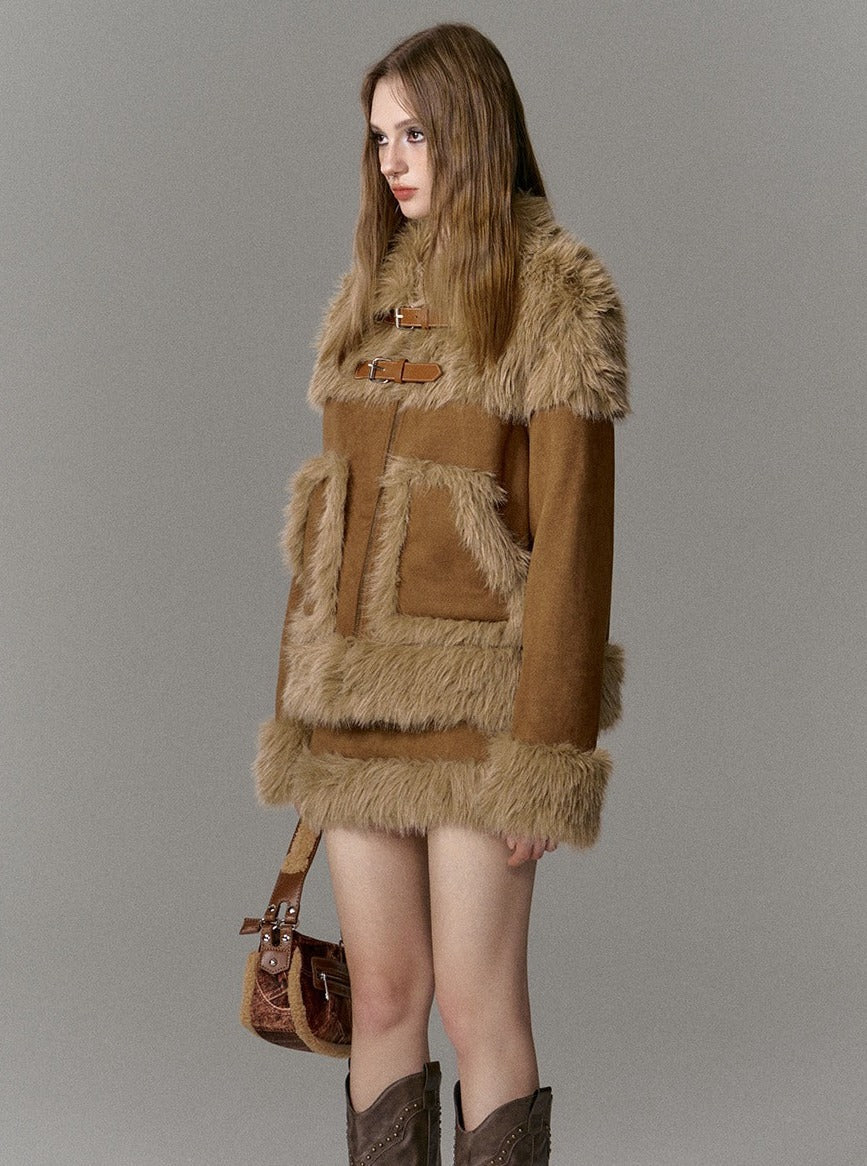 Suede Fur Skirt And Jacket Two-Piece Set - chiclara