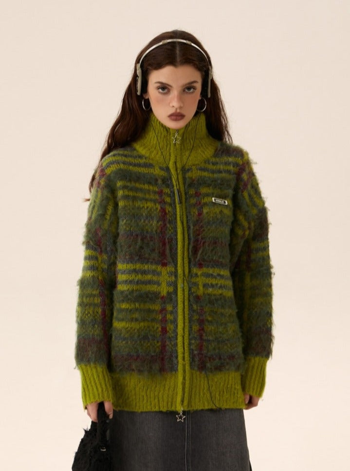Mohair Knit Zipper Cardigan Sweater Coat - chiclara