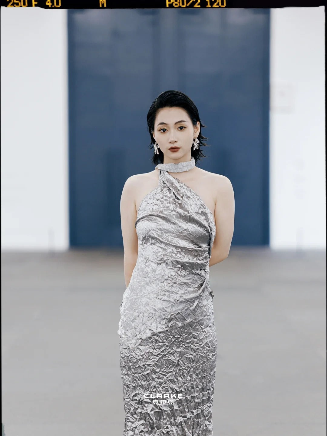 JNYLON STUDIO Metallic Crinkle One-Shoulder Maxi Dress